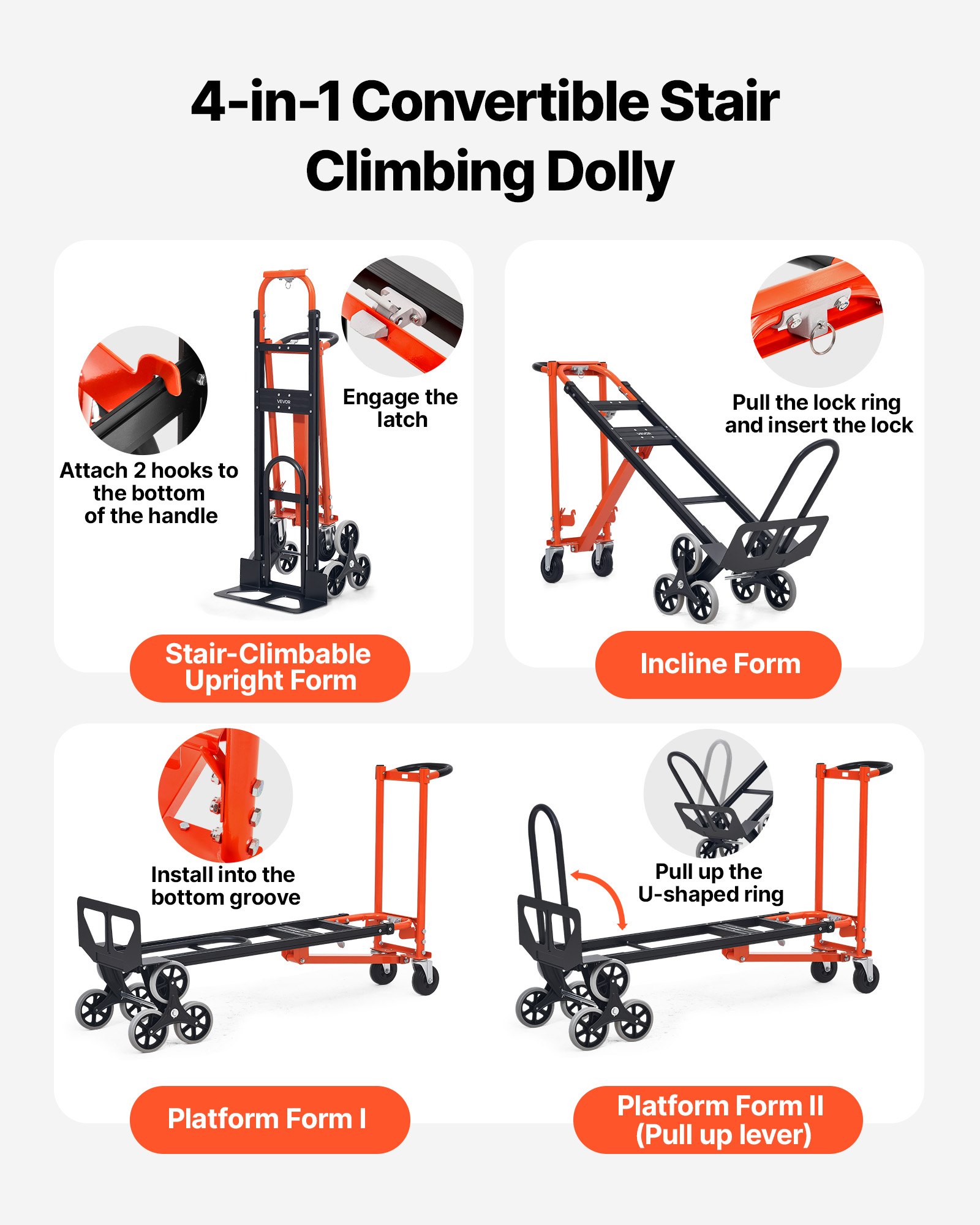 VEVOR 3 in 1 Industrial Convertible Stair Climbing Cart, 350 kg Max Load, Folding Hand Truck Dolly with Handle & Wheels, Stair Climbing Utility Trolley for Transport & Moving, Orange & Silver