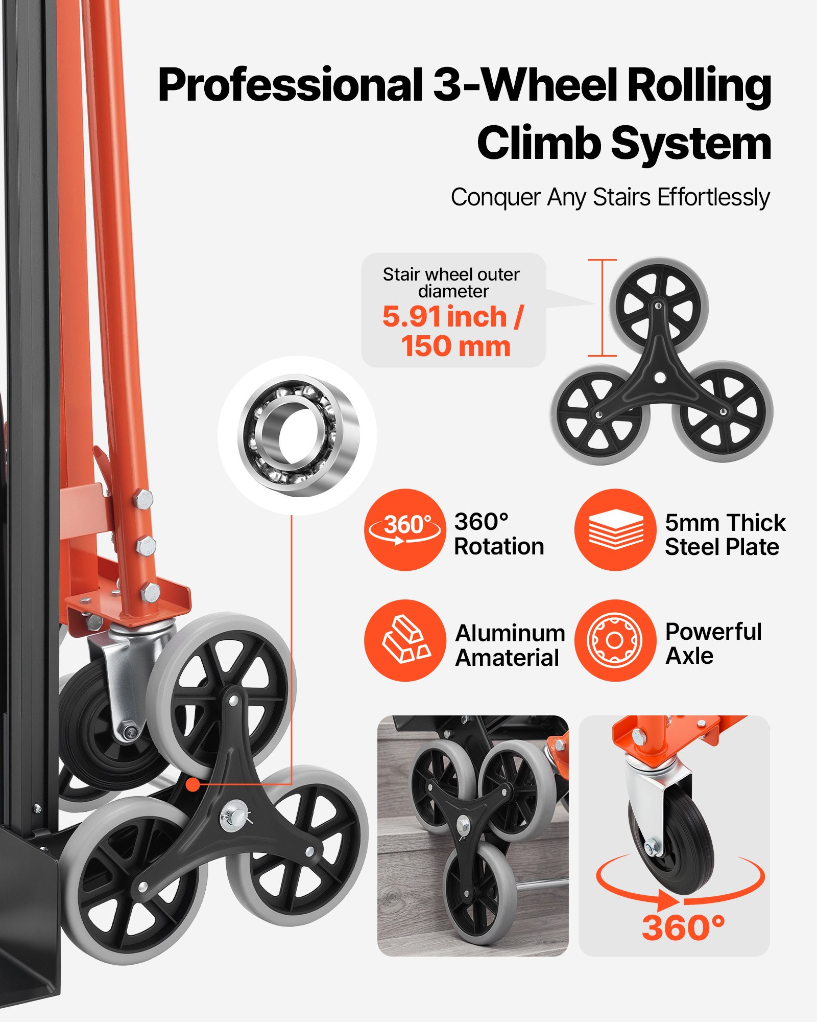 VEVOR 3 in 1 Industrial Convertible Stair Climbing Cart, 350 kg Max Load, Folding Hand Truck Dolly with Handle & Wheels, Stair Climbing Utility Trolley for Transport & Moving, Orange & Silver