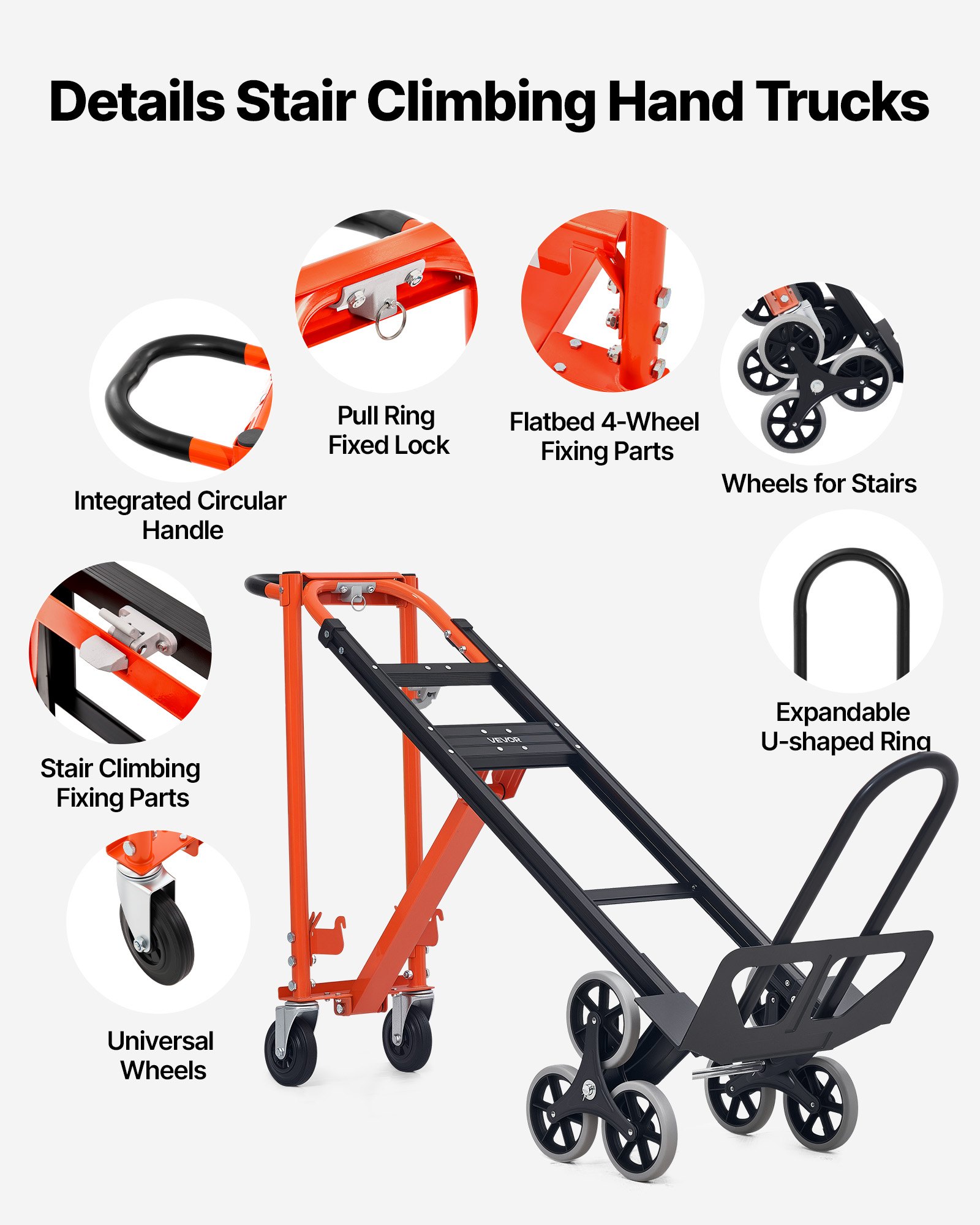 VEVOR 3-in-1 trapklimwagen, handkar met een maximaal laadvermogen van 350 kg, opvouwbare transportwagen met handvat en wielen, trapklimwagen, stapelwagen, trapklimtrolley, oranje en zilver