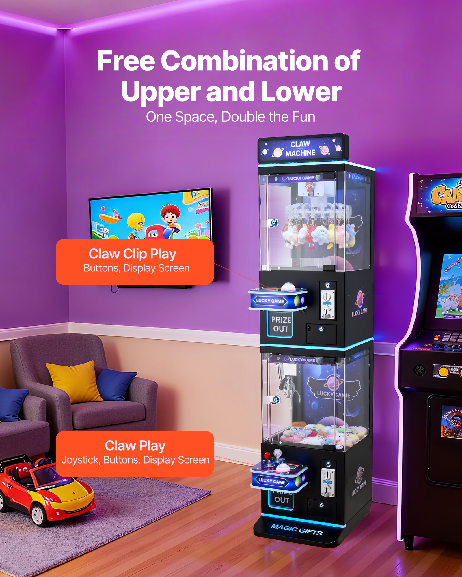 VEVOR Claw Crane Machine, Medium-Sized Arcade Game Machine with Claw + Grabber Double-Layer, Light & Sound, Toy Candy Grabber Prize Dispenser Vending Toy, for Commercial Home Cinema, Black Purple