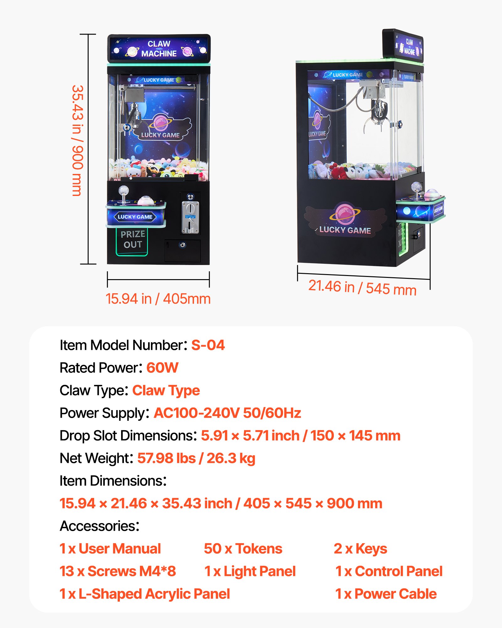 VEVOR Claw Crane Machine, Medium-Sized Arcade Game Machine with Light & Sound, Adjustable Steel Claws, Precise Toy Candy Grabber Prize Dispenser Vending Toy, for Commercial Home Cinema, Black Purple