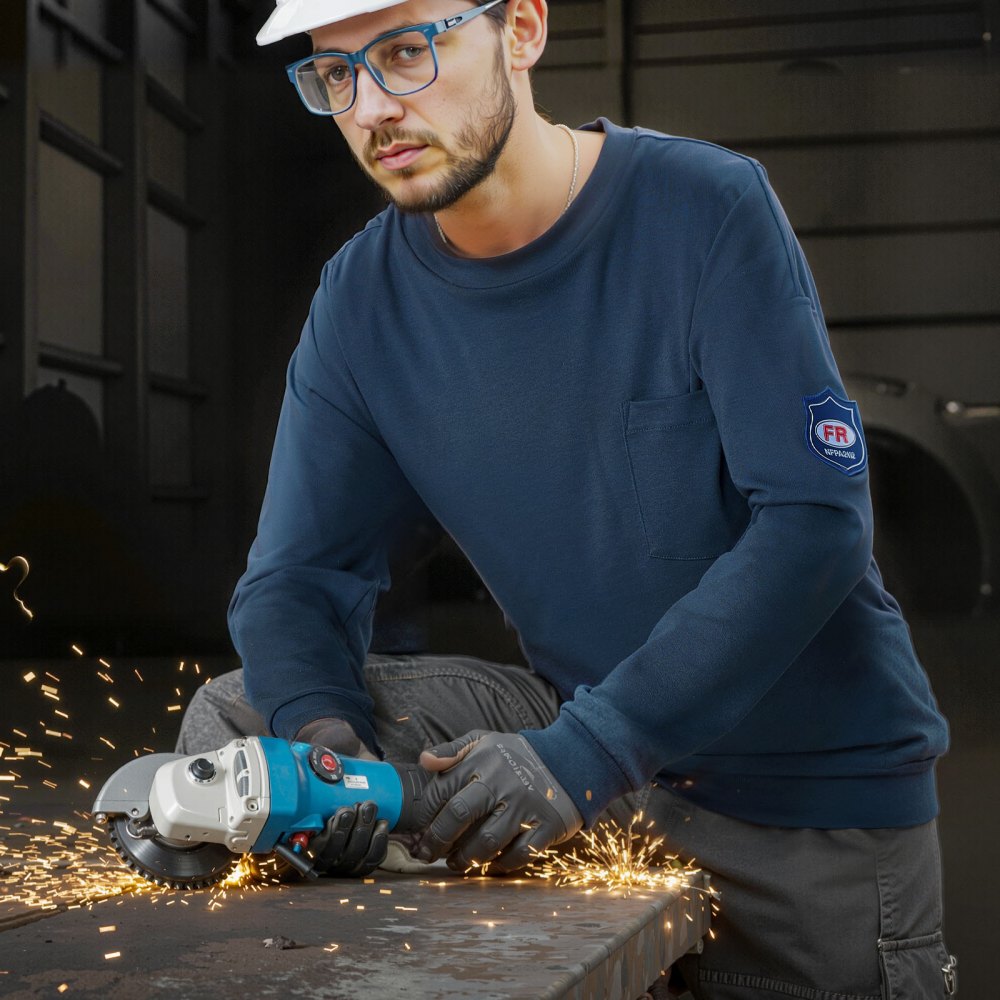 VEVOR Vlamvertragend overhemd met lange mouwen, lichtgewicht ademend katoen (7 oz), brandvertragende werkkleding voor heren met krimpbehandeling en zak, voor lassers, elektriciens, marineblauw M