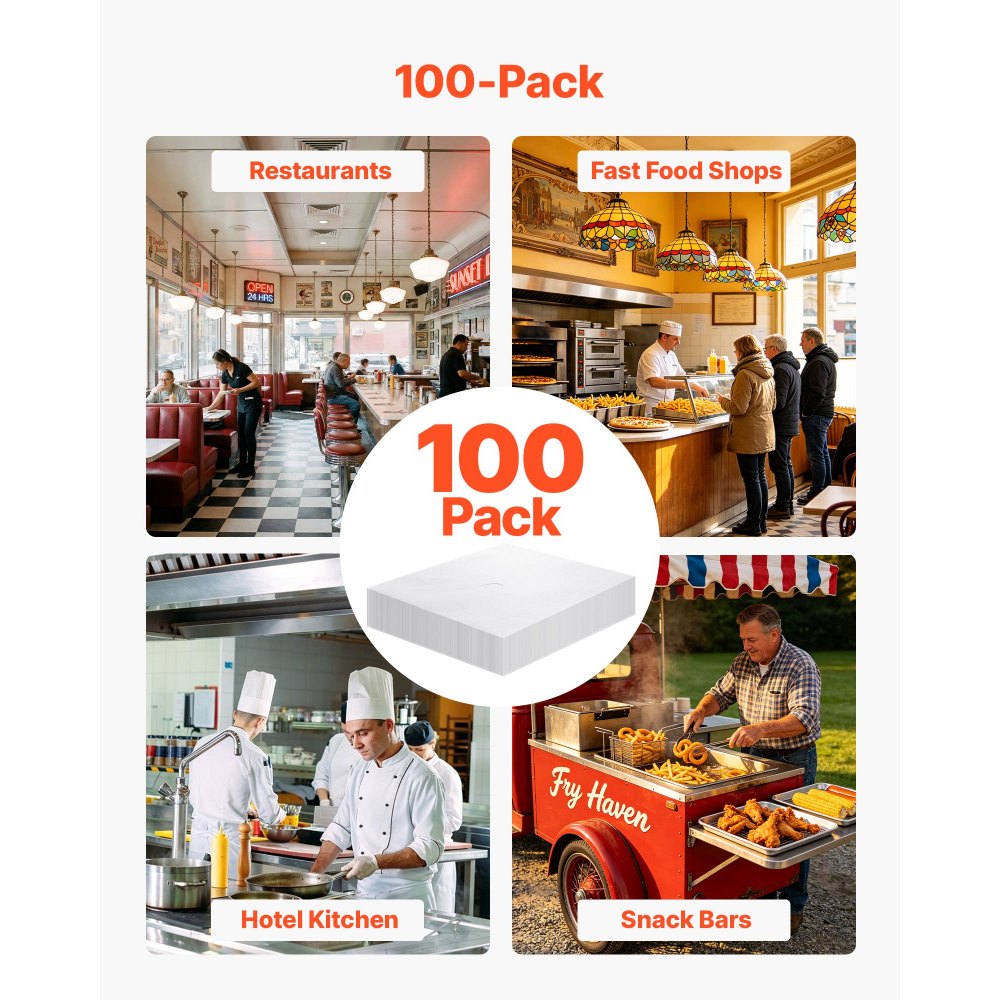 VEVOR Frituurfilterpapier set van 100 stuks voor mobiele frituurpannen van 38/55 liter, vervangende filtervellen van 38 x 33 cm voor een langere levensduur van de olie en een betere smaak, geschikt voor restaurants en hamburgerzaken.