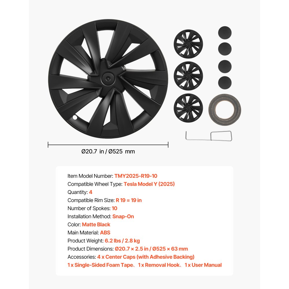 VEVOR 4x Wielkappen voor Tesla Model Y 2025, 19 inch wieldoppen gemaakt van ABS-kunststof, 4-delige set wielkappen met 10 spaken en kliksysteem, R19 wielkappen voor decoratie en stofbescherming, matzwart