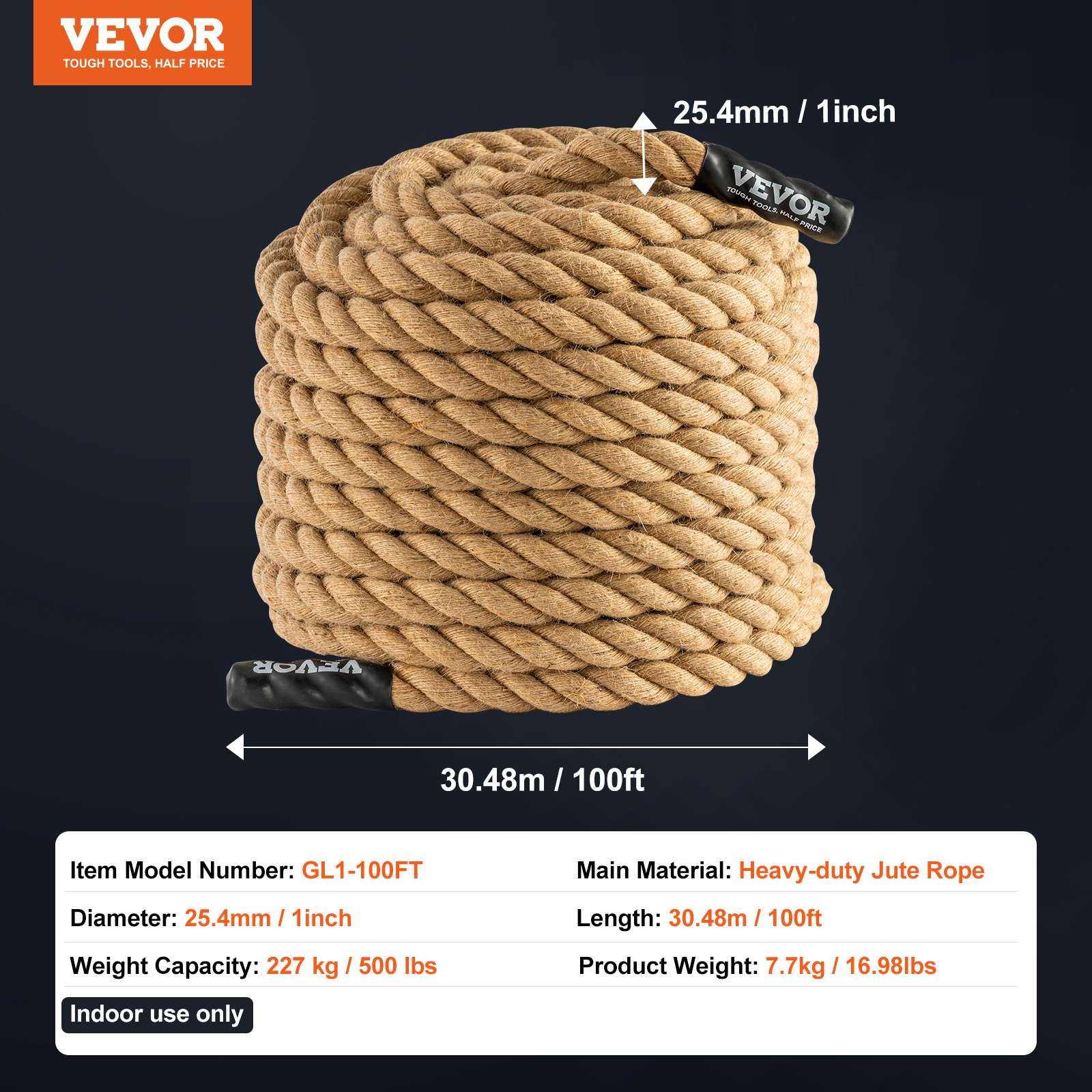 VEVOR Klimtouw Fitness Training Touwhal, 30,48 m Lengte, 25,4 mm Diameter, Trainingstouw, Multifunctioneel Jute Touw, 227 kg, Klimoefeningen, Krachttraining voor Bergbeklimmen, Kamperen