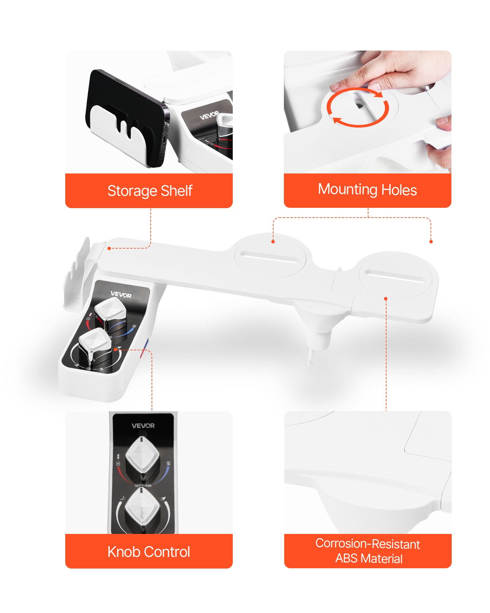 VEVOR Bidet Toiletbevestiging 7 mm Ultradunne Toiletbrilbevestiging met 2 intrekbare sproeiers (koud water / warm water) & 2 draaiknoppen & instelbare waterdruk voor billen en intieme reiniging