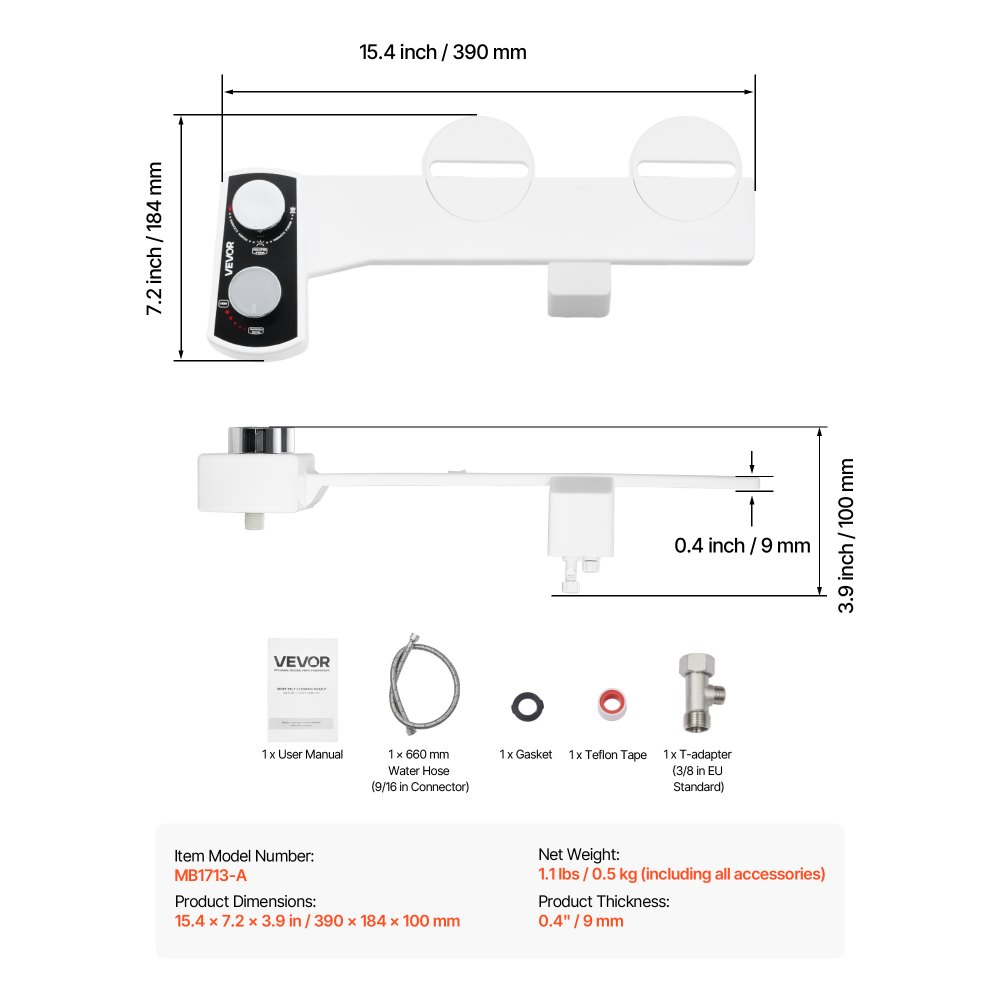 VEVOR Bidet-opzetstuk Ultradunne toiletzitting met 2 intrekbare sproeiers en instelbare waterdruk, niet-elektrische koudwatersproeier voor voor- en achterwaterspoeling Toiletopzetstuk