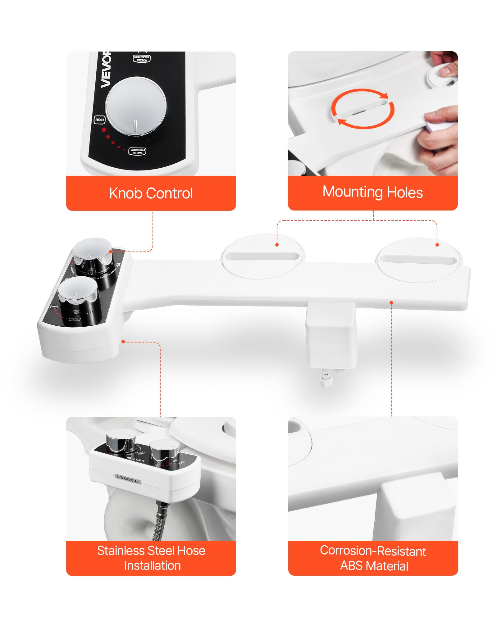 VEVOR Bidet-opzetstuk Ultradunne toiletzitting met 2 intrekbare sproeiers en instelbare waterdruk, niet-elektrische koudwatersproeier voor voor- en achterwaterspoeling Toiletopzetstuk