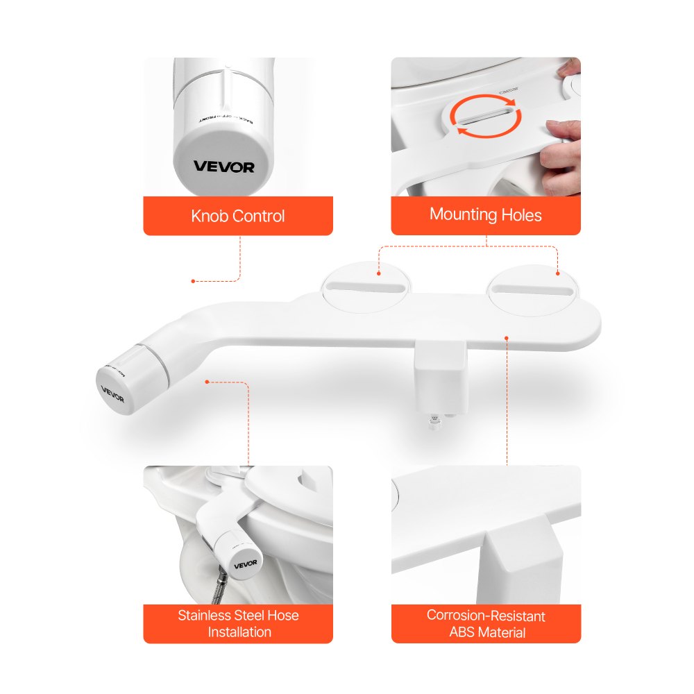VEVOR Bidet Attachment for Toilet, Non-Electric Bidet Toilet Seat Attachment - Dual Retractable Nozzles, Adjustable Cold Water Pressure, Stainless Steel Inlet, Ideal for Rear and Feminine Wash, White