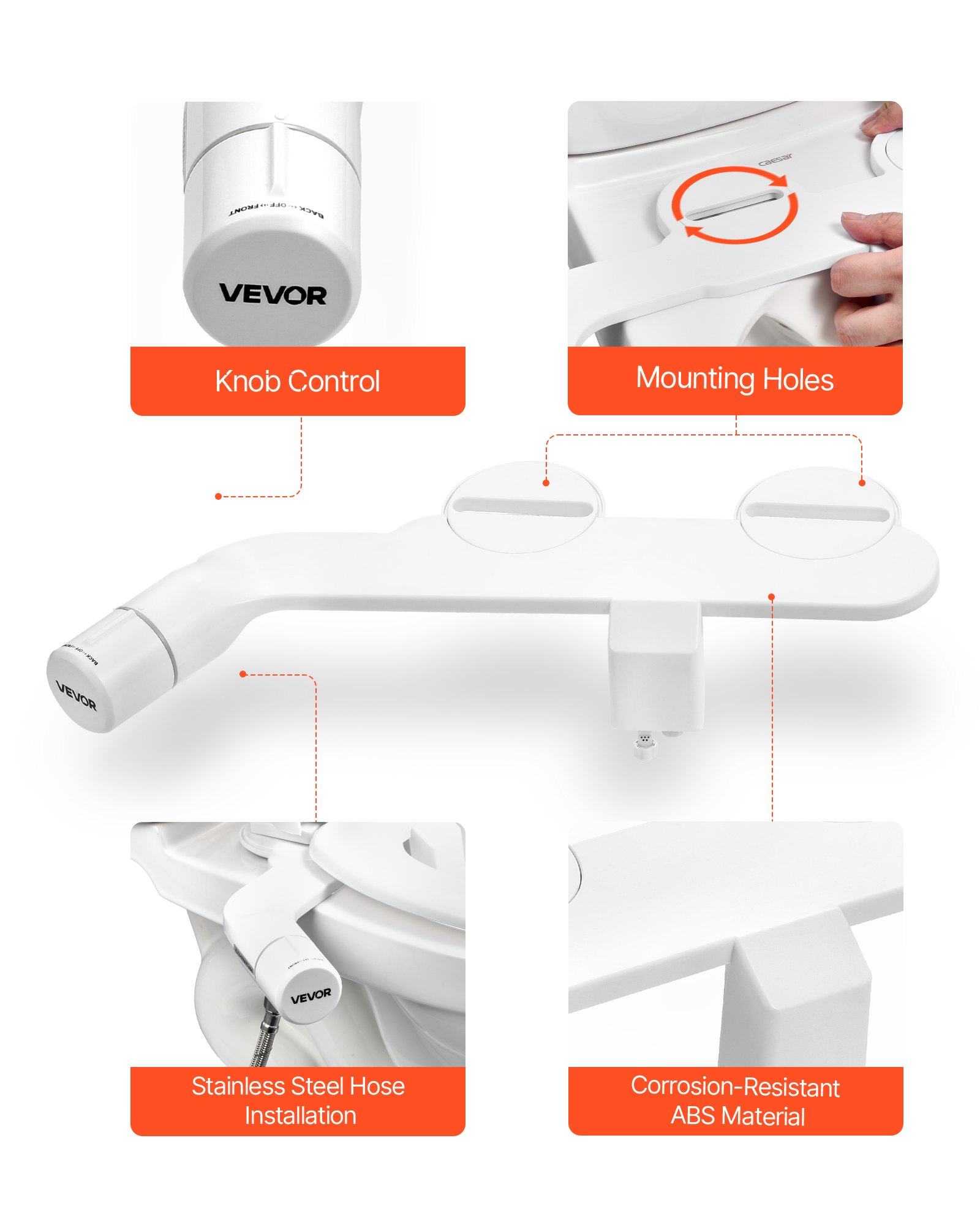 VEVOR Bidet Attachment for Toilet, Non-Electric Bidet Toilet Seat Attachment - Dual Retractable Nozzles, Adjustable Cold Water Pressure, Stainless Steel Inlet, Ideal for Rear and Feminine Wash, White