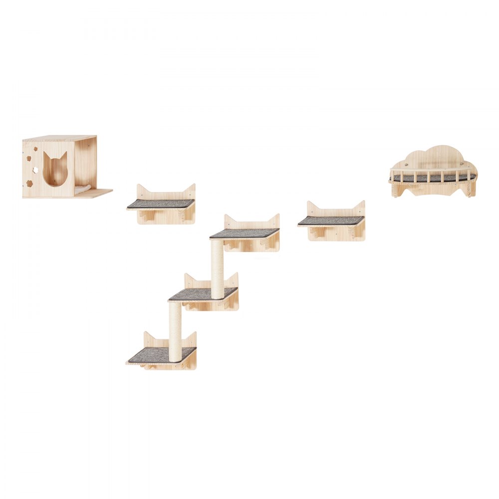 VEVOR Wall Mounted Cat Shelves, Cat Wall Shelves and Perches with Jumping Boards, Nest, Barrier Board & Cat Tree, Cat Floating Furniture up to 40 lbs for Sleeping, Playing, Climbing, Set of 5