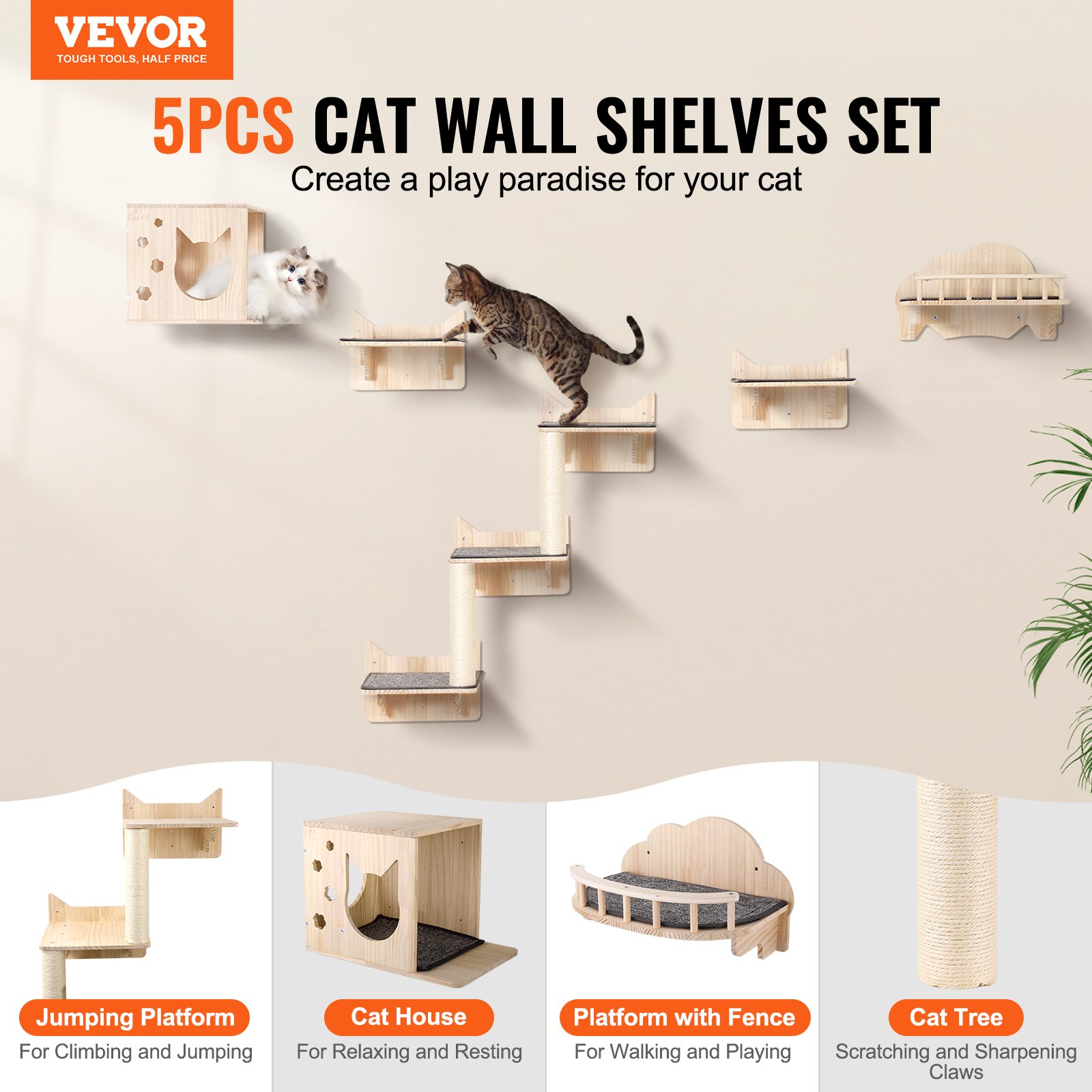 VEVOR Wall Mounted Cat Shelves, Cat Wall Shelves and Perches with Jumping Boards, Nest, Barrier Board & Cat Tree, Cat Floating Furniture up to 40 lbs for Sleeping, Playing, Climbing, Set of 5