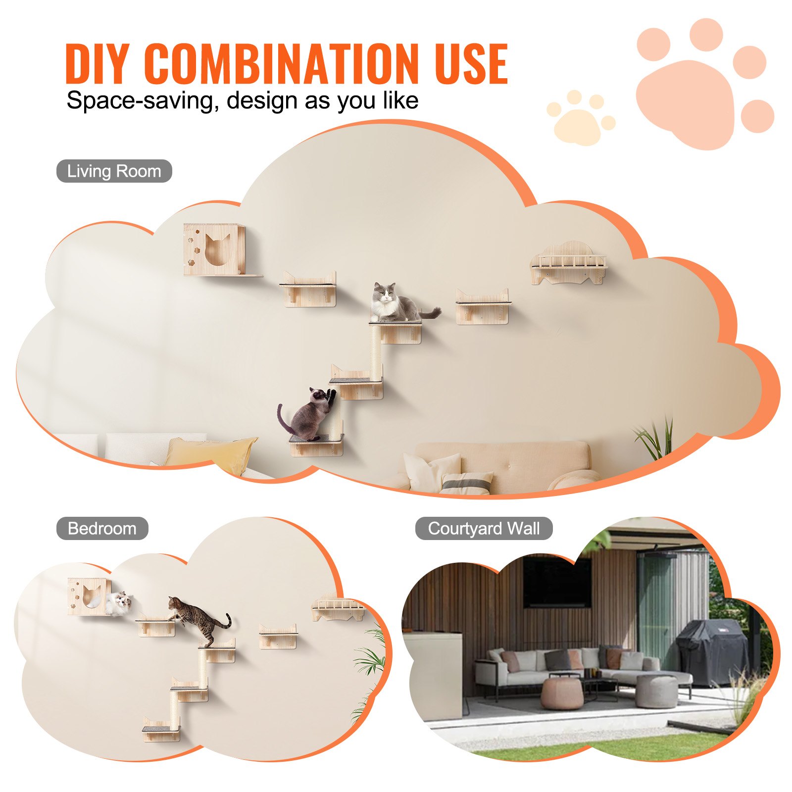 VEVOR Wall Mounted Cat Shelves, Cat Wall Shelves and Perches with Jumping Boards, Nest, Barrier Board & Cat Tree, Cat Floating Furniture up to 40 lbs for Sleeping, Playing, Climbing, Set of 5