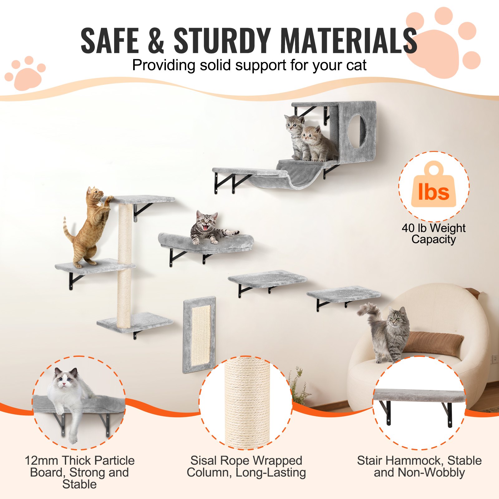 VEVOR Wall Mounted Cat Shelves, Cat Wall Shelves and Perches with Jumping Boards, Hammock, Sofa, Cat Tree & Cat Grip, Cat Furniture and Shelves up to 40 lbs for Sleeping, Playing, Climbing, Set of 6