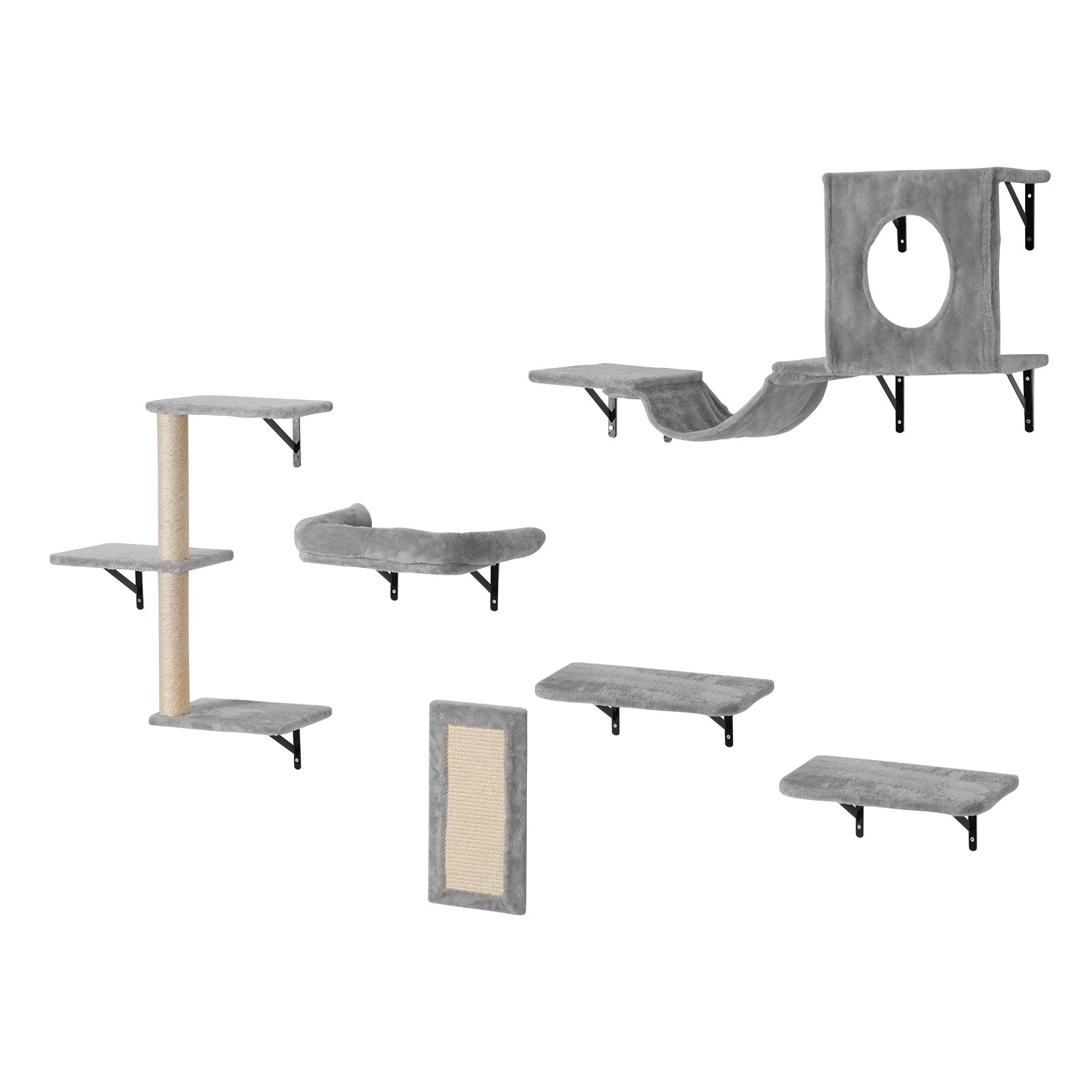 VEVOR Wall Mounted Cat Shelves, Cat Wall Shelves and Perches with Jumping Boards, Hammock, Sofa, Cat Tree & Cat Grip, Cat Furniture and Shelves up to 40 lbs for Sleeping, Playing, Climbing, Set of 6