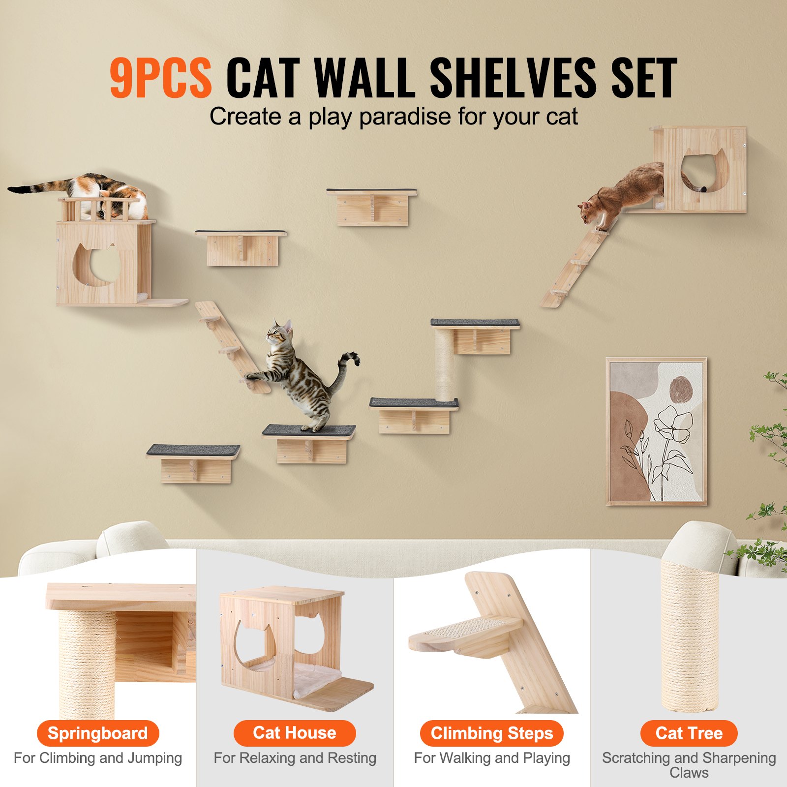 VEVOR Wall Mounted Cat Shelves, Cat Wall Shelves and Perches with Jumping Boards, Cat Beds, Hammocks & Cat Tree, Cat Furniture and Shelves up to 40 lbs for Sleeping, Playing, Climbing, Set of 9