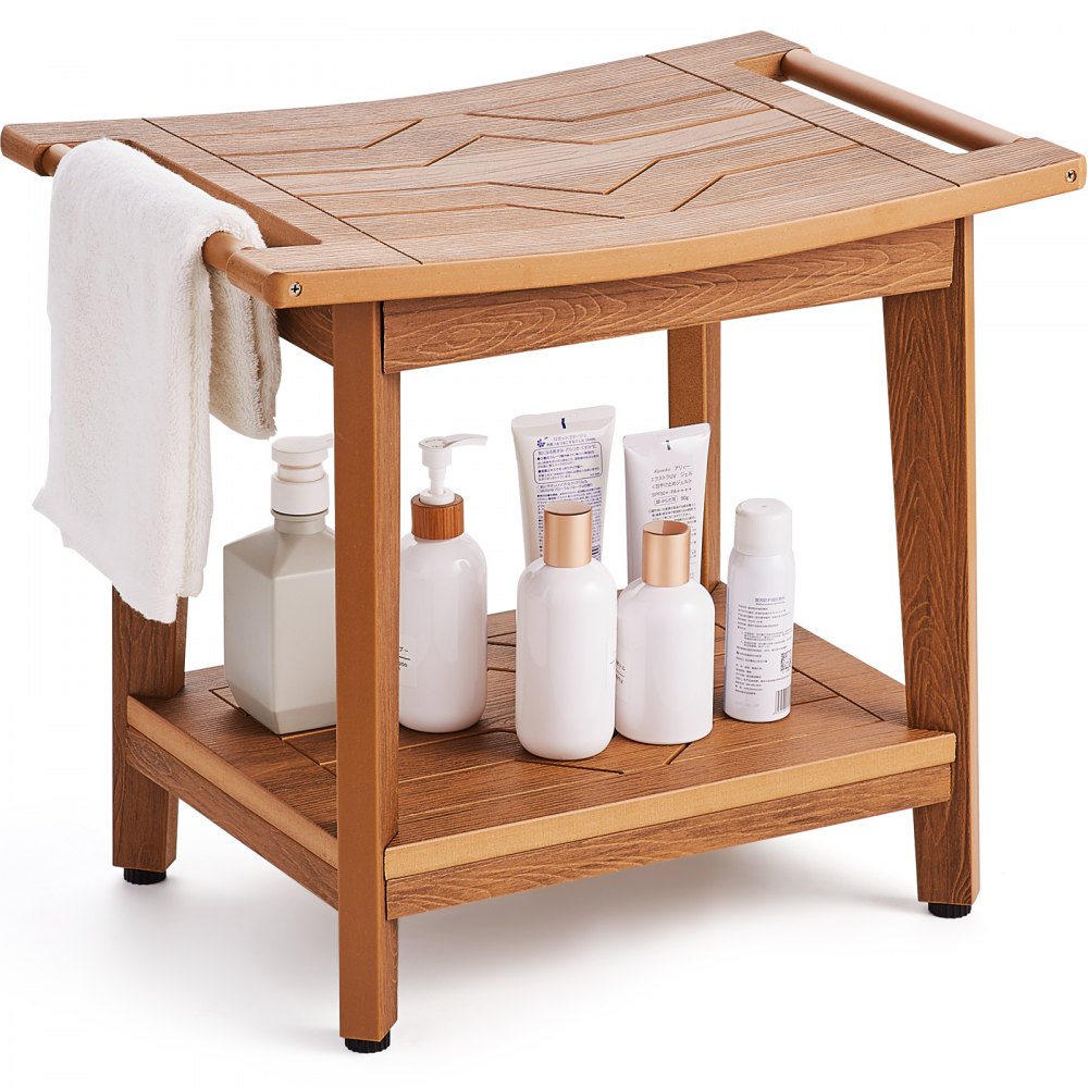 wooden VEVOR shower bench with towel rack, storage shelf, and assorted bath products on white background.