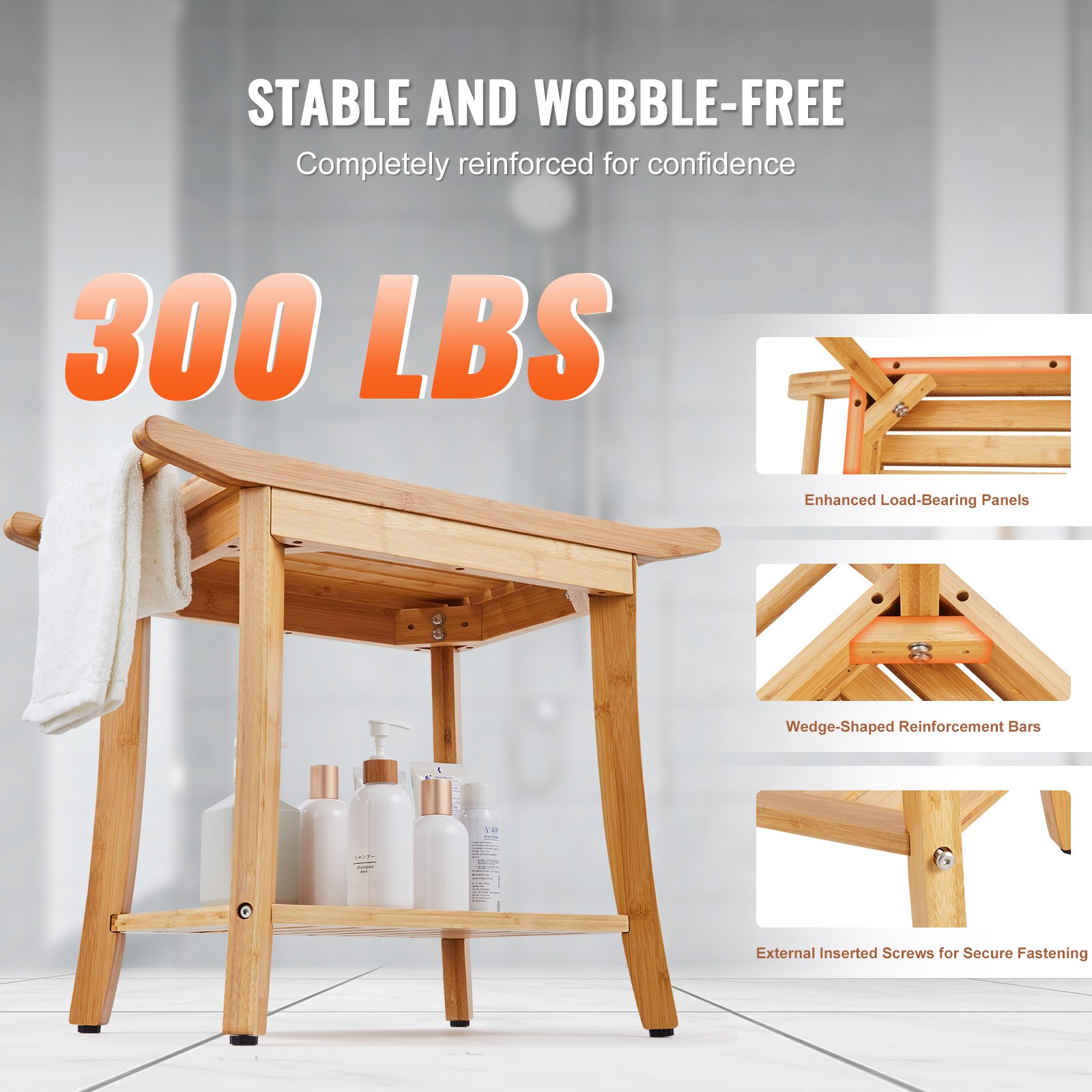 VEVOR Bamboo Shower Bench, 24 x 13.8 x 18.9 in, Waterproof Shower Stool Chair with Storage Shelf Handle, 300 lbs Load Capacity Spa Bath Seat Organizer, for Adults Seniors Women Elderly Indoor Outdoor