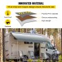 VEVOR rv awning, tear-proof and waterproof pvc, extending from a parked rv in a forest.