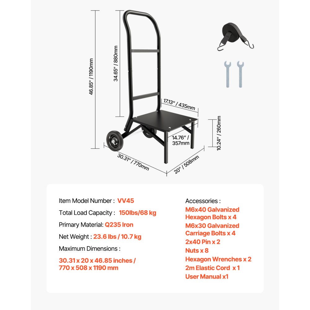 VEVOR Opvouwbare Stoelstandaard, Draagvermogen 68 kg, Opvouwbare Stoelkar voor het Stapelen van 10 Stoelen, Multifunctionele Metalen Stoelkar met Rubberen Wielen, Push-to-Move Stoelhouder, Matzwart