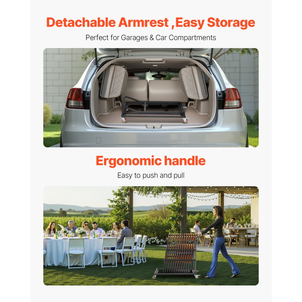 VEVOR opklapbare stoelstandaard, draagvermogen 136 kg, L-vormige stoeltrolley voor verticale plaatsing van 25 stoelen, metalen transporttrolley met rubberen wielen, multifunctionele stoelhouder, matzwart