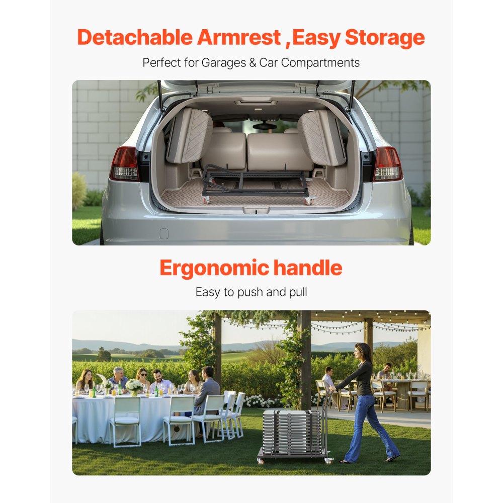 VEVOR opklapbare stoelstandaard, draagvermogen 136 kg, L-vormige horizontale stoeltrolley voor 25 stoelen, robuuste metalen stoelopbergwagen met rubberen wielen en houders, grote stoelhouder, matzwart