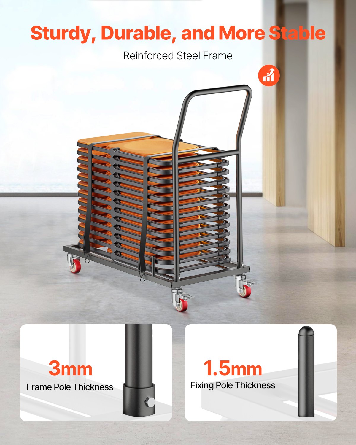 VEVOR opklapbare stoelstandaard, draagvermogen 136 kg, L-vormige horizontale stoeltrolley voor 25 stoelen, robuuste metalen stoelopbergwagen met rubberen wielen en houders, grote stoelhouder, matzwart