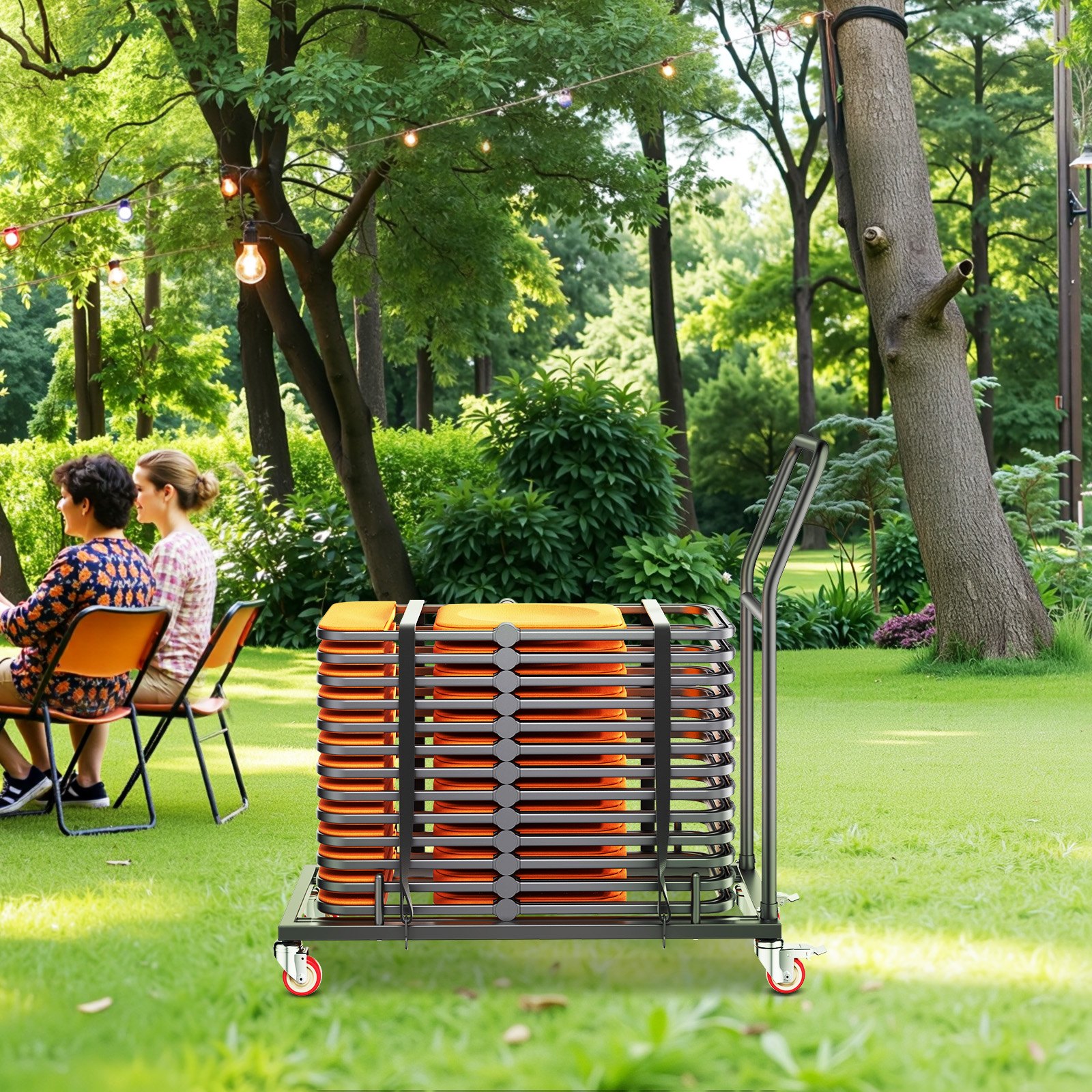 VEVOR opklapbare stoelstandaard, draagvermogen 136 kg, L-vormige horizontale stoeltrolley voor 25 stoelen, robuuste metalen stoelopbergwagen met rubberen wielen en houders, grote stoelhouder, matzwart