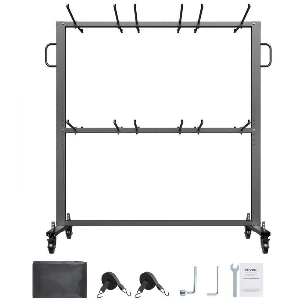 VEVOR Opvouwbare Stoelstandaard, Draagvermogen 361 kg, Stoelenkar voor 84 stoelen/12 tafels, Dubbellaagse stoelopslagkar met rubberen wielen en houders, Grote stoelhouder, Matzwart