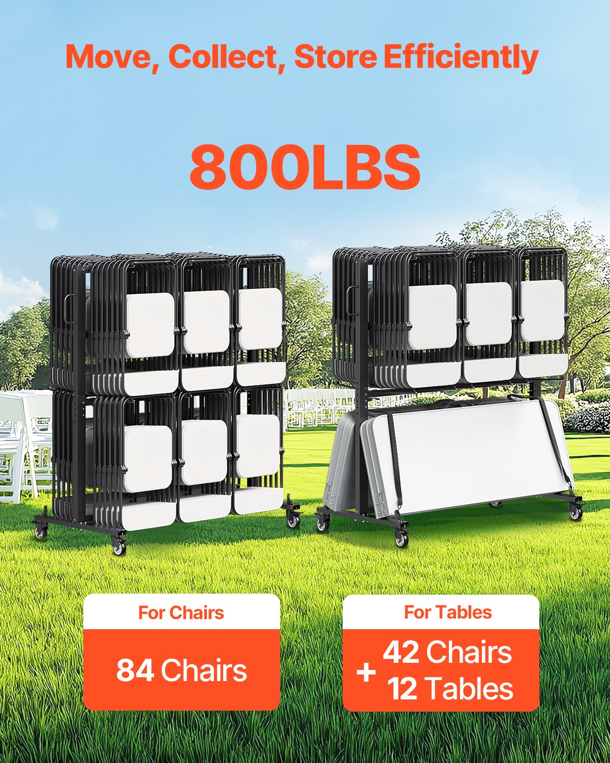 VEVOR Opvouwbare Stoelstandaard, Draagvermogen 361 kg, Stoelenkar voor 84 stoelen/12 tafels, Dubbellaagse stoelopslagkar met rubberen wielen en houders, Grote stoelhouder, Matzwart