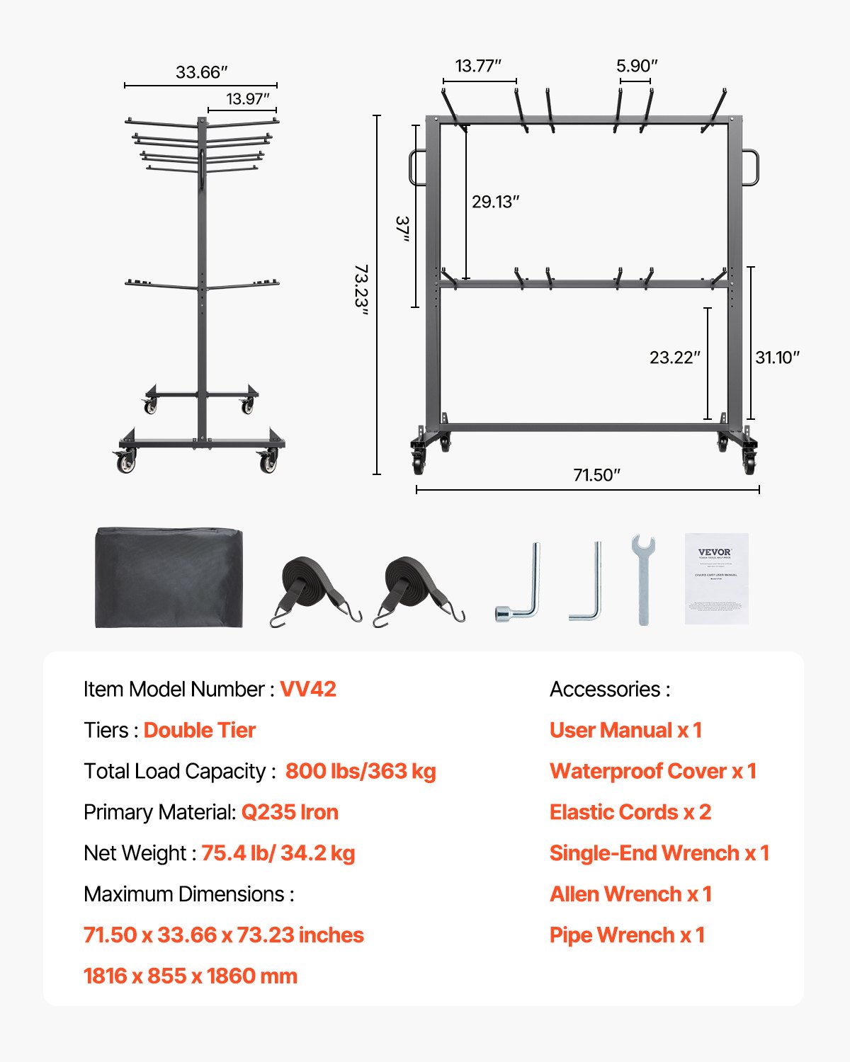 VEVOR Opvouwbare Stoelstandaard, Draagvermogen 361 kg, Stoelenkar voor 84 stoelen/12 tafels, Dubbellaagse stoelopslagkar met rubberen wielen en houders, Grote stoelhouder, Matzwart