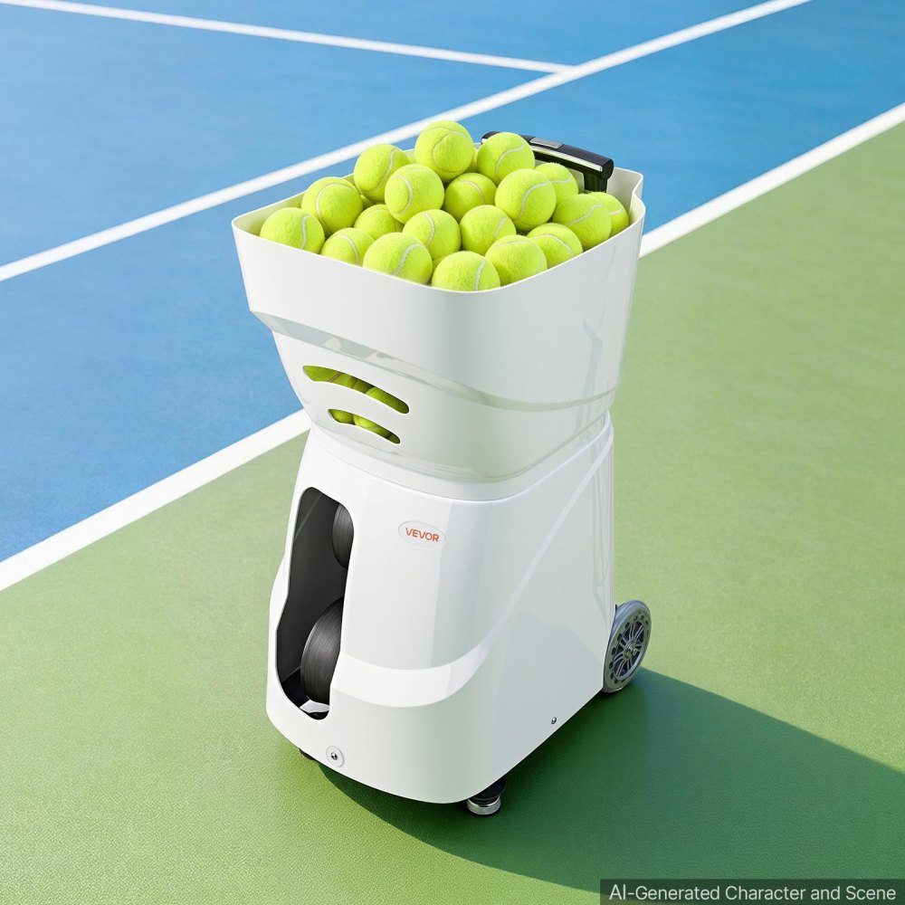 VEVOR Tennisballenmachine, max. 121 km/u, tafelballenwerper, capaciteit 110 ballen, met spinregeling, app-bediening, 2 trainingsmodi, 4 uur batterijduur, uitschuifbare handgreep, wielen en kunststof behuizing.