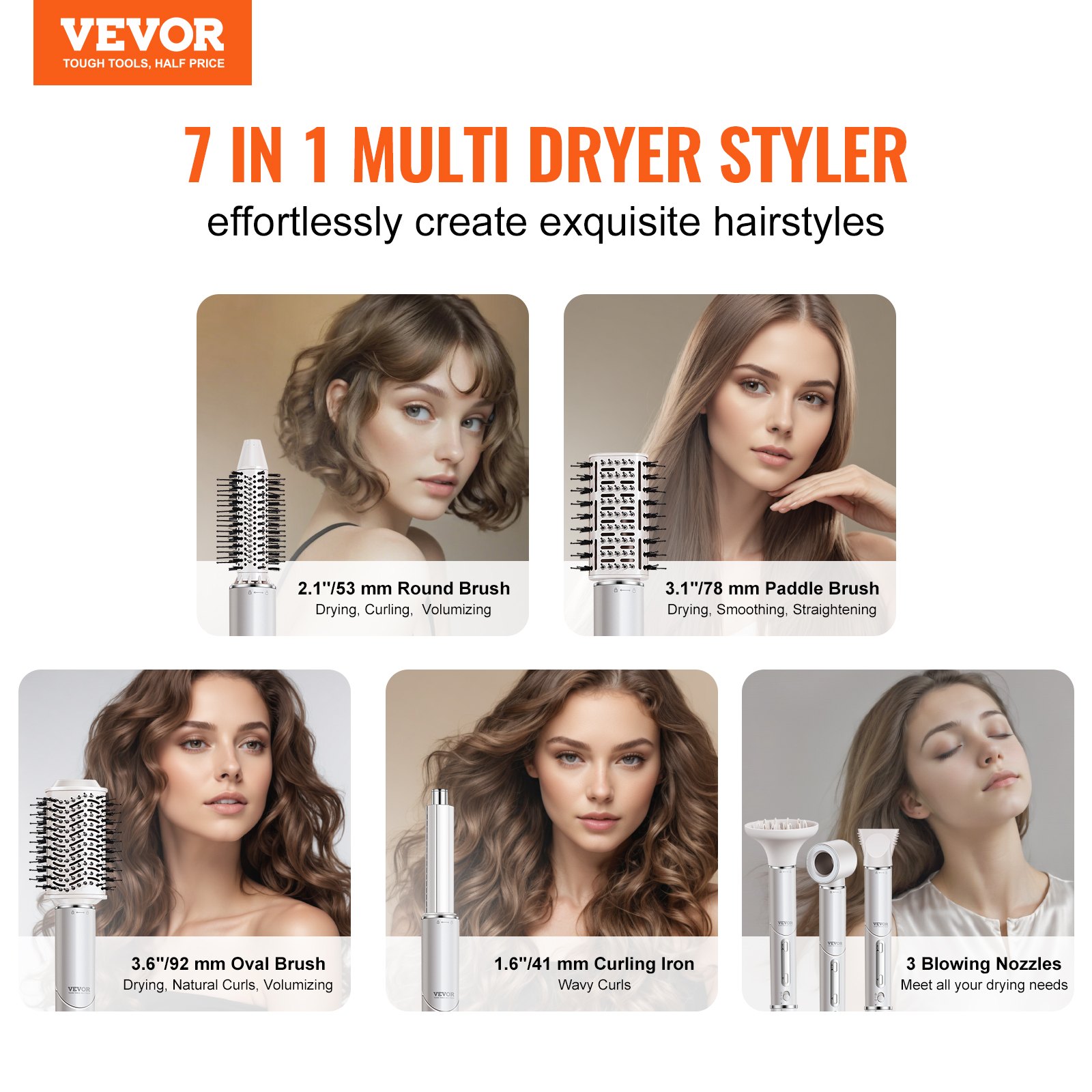 VEVOR 7-in-1 Professionele Multi-Haarstyler, 110.000 RPM Hoge Snelheid Heteluchtborstel met 2 Auto-Wrap Krultangen, 3 Borstels & 3 Mondstukken, Ionische Föhn voor Snel Drogen en Volume Styling