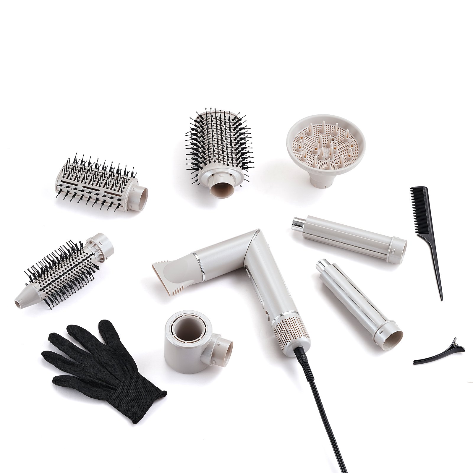 VEVOR 7-in-1 Professionele Multi-Haarstyler, 110.000 RPM Hoge Snelheid Heteluchtborstel met 2 Auto-Wrap Krultangen, 3 Borstels & 3 Mondstukken, Ionische Föhn voor Snel Drogen en Volume Styling