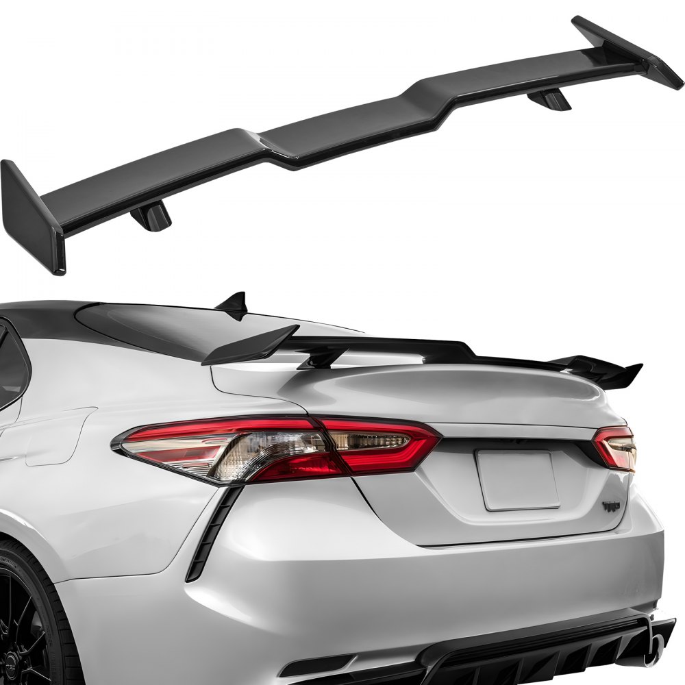 VEVOR gt wing car spoiler on a white sedan with a close-up of the rear and the spoiler in detail.