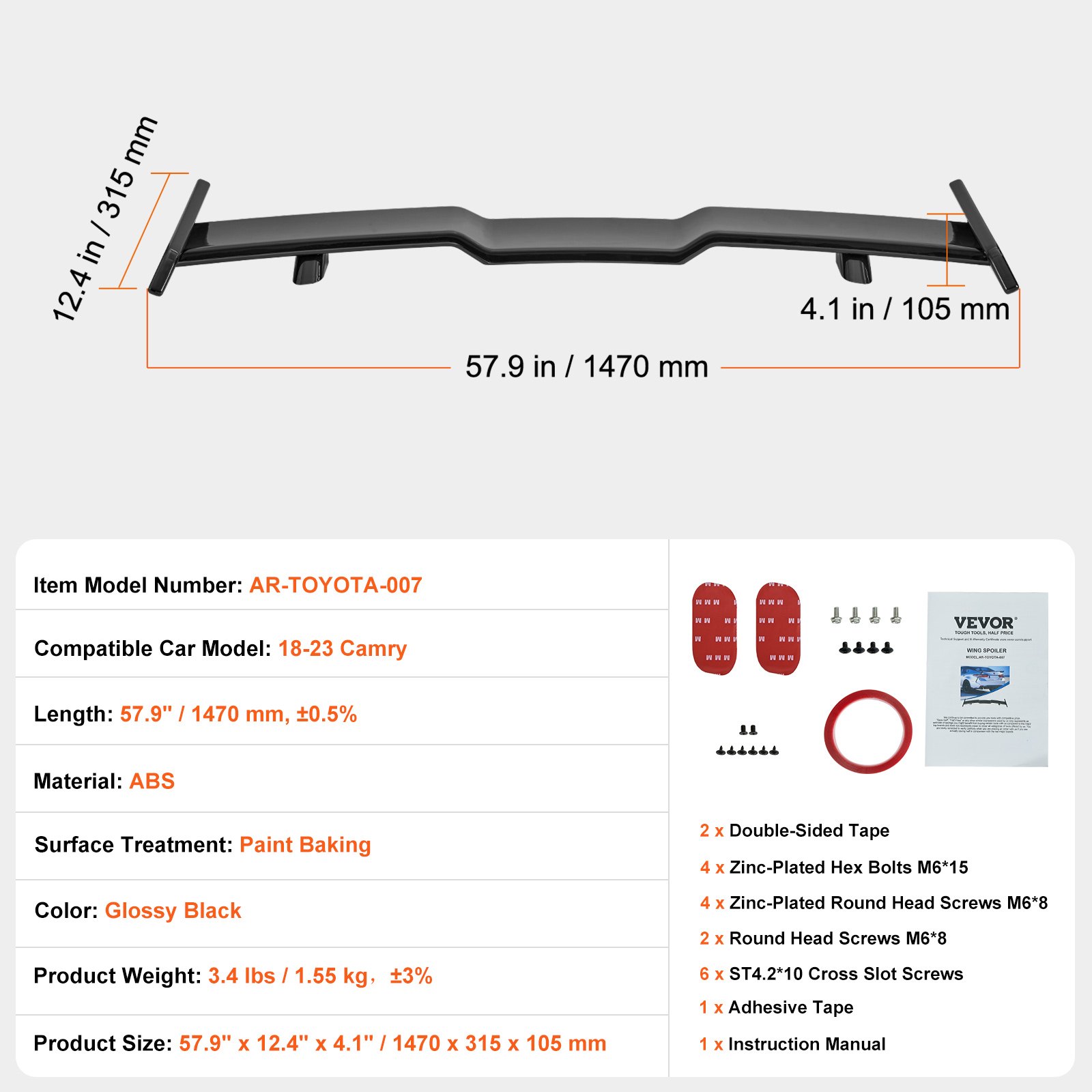 VEVOR GT Wing Car Spoiler, 57.9 inch Spoiler, Compatible with 2018-2023 Camry, High Strength ABS Material, Baking Paint, Car Rear Spoiler Wing, Racing Spoilers for Cars, Glossy Black