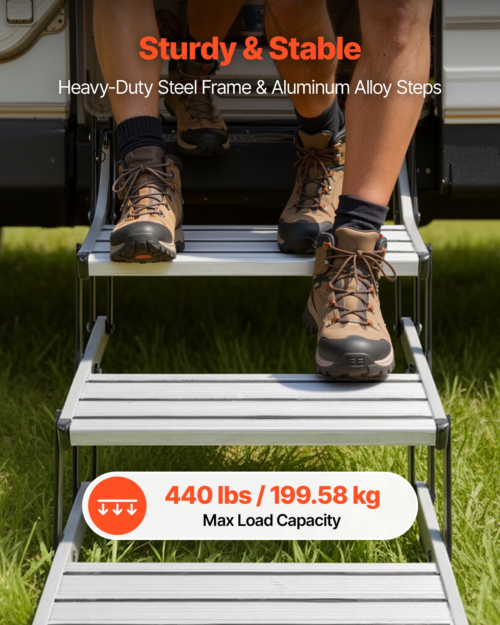 VEVOR RV Steps, 3-Step, 440 lbs Load Capacity, Manual Retractable RV Stairs, Telescopic Folding Aluminum Alloy Camper Steps, Steel Frame Non-Slip Entry Stairs for Camper Van Motorhome Travel Trailer