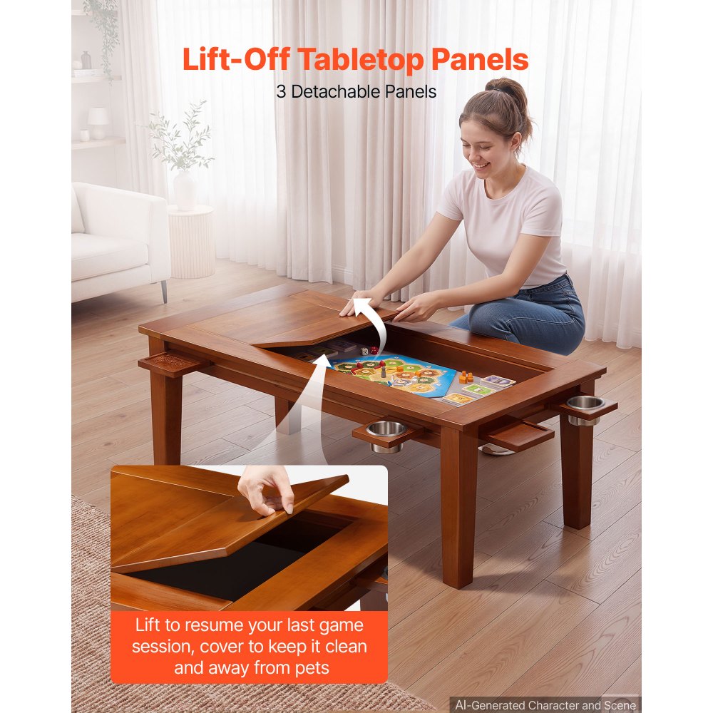 VEVOR Bordspeltafel 120x60x45cm 2-in-1 Spel- & Eettafel Draagvermogen 136kg, Ruim voor 4 spelers, Massief hout, met afneembare tafelbladen, bekerhouders, leren speelmat en uitschuifbare dienbladen