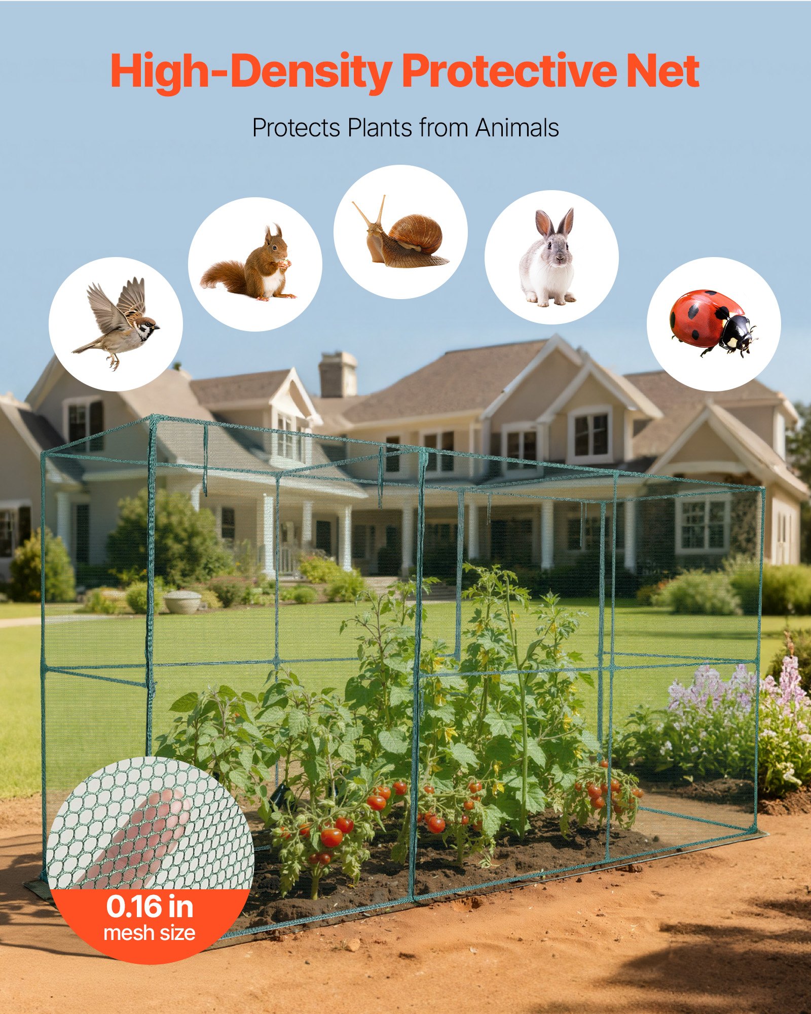 VEVOR plantenbeschermingstent, 3560x1200x1940 mm, plantenbeschermingsnet, deur met ritssluiting, winddicht, plantenkas voor verhoogde plantenbedden, buiten, tuin, terras en gazon