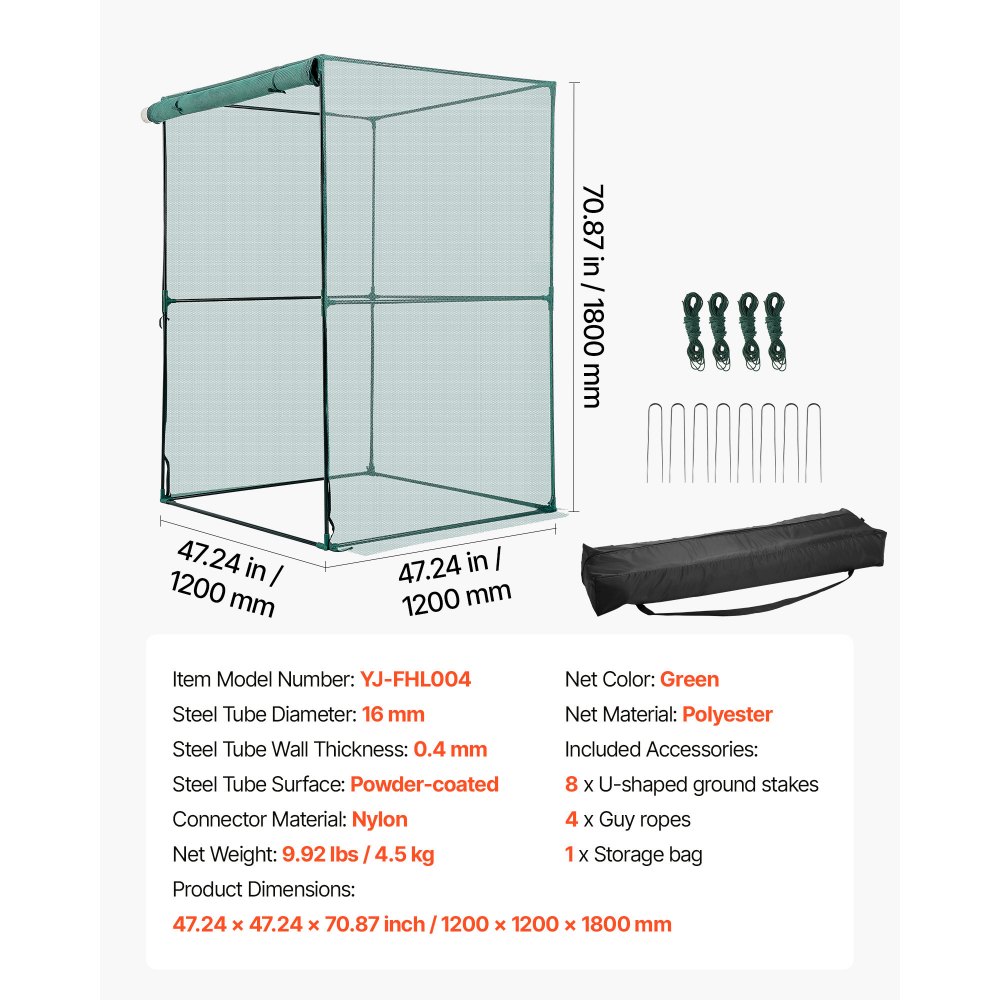 VEVOR Crop Cage, 1.2 x 1.2 x 1.8 m Plant Protection Tent with Zippered Door, Wind-Resistant Tall Crop Cage, Easy to Install, Outdoor Raised Bed Cover, Tomato Plant Netting for Garden Patio Lawn