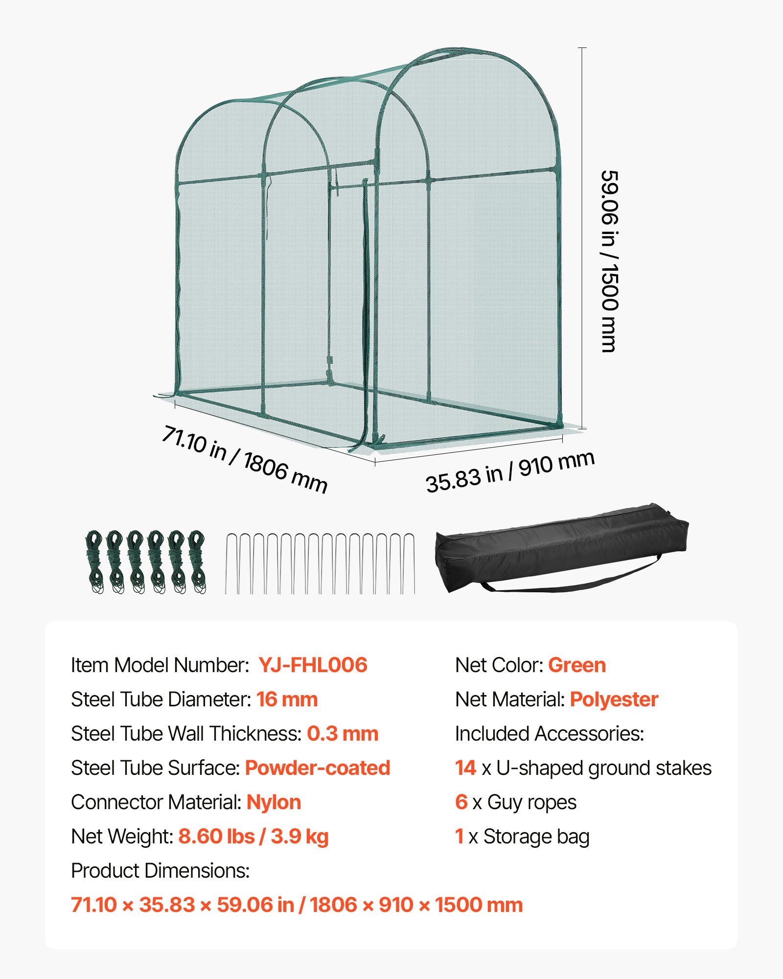 VEVOR plantenbeschermingstent, 1806x910x1500 mm, plantenbeschermingsnet met frame, deur met ritssluiting, winddicht, plantenkooi/kas voor verhoogde plantenbedden, buiten, tuin, terras