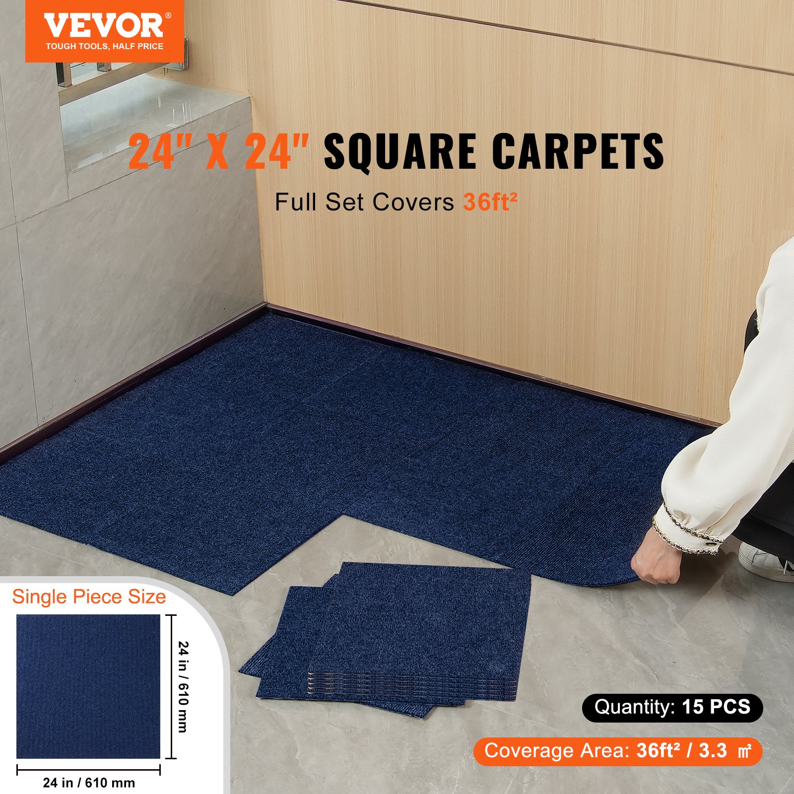 VEVOR Carpet Tiles Peel and Stick, 24” x 24” Squares Self Adhesive Carpet Floor Tile, Soft Padded Carpet Tiles, Easy Install DIY for Bedroom Living Room Indoor Outdoor (15Tiles, Dark Blue)