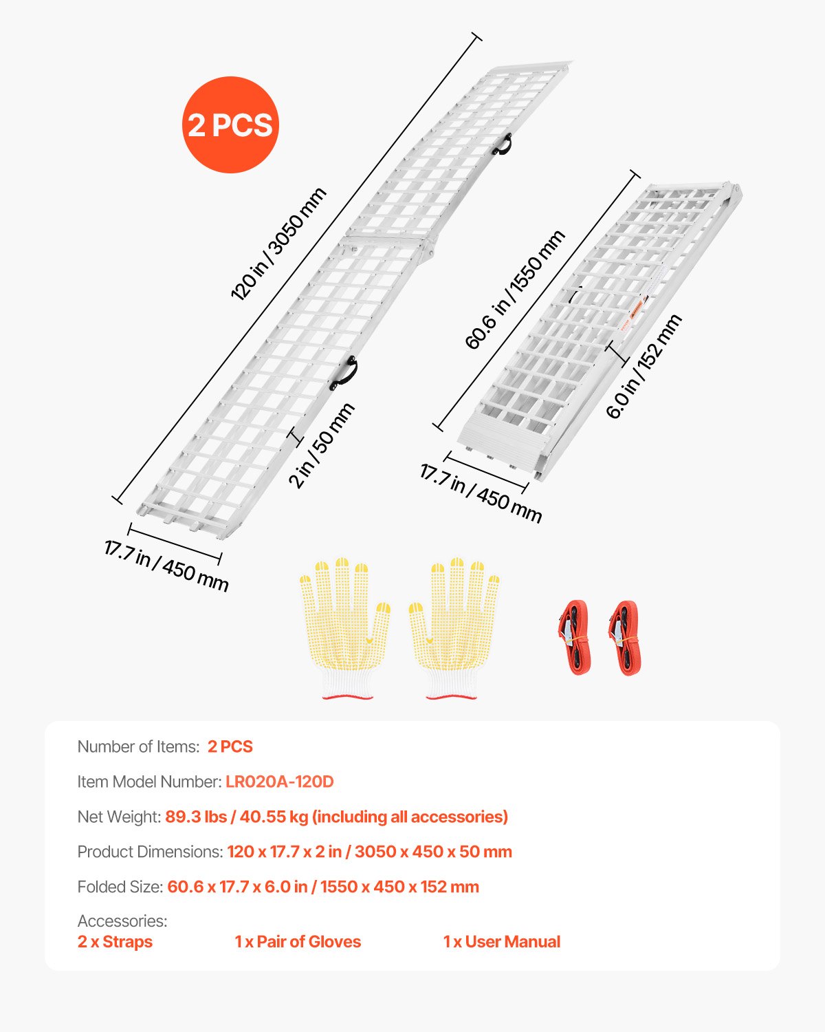VEVOR Aluminium Ramps 2-delige heavy-duty laadhelling (907 kg laadvermogen) met breed oprijvlak, universele stabiele laadhelling met handgrepen, voor ATV, UTV, motorfiets, elektrische fiets