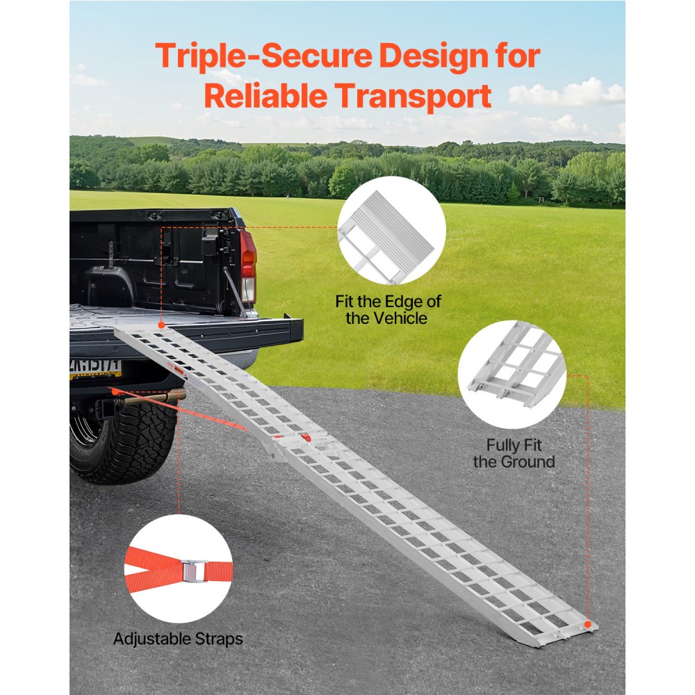 VEVOR Aluminium Ramp Heavy Duty Laadhelling (272 kg laadvermogen / 3050 mm lang) met breed oprijvlak, universele stabiele laadhelling met handgrepen, voor ATV UTV elektrische fiets