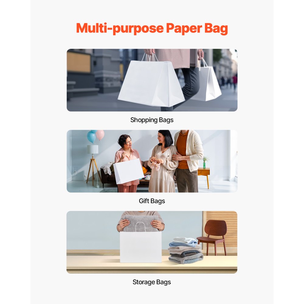 VEVOR Kraft Paper Bags with Handles, 100Pcs 16 x 6 x 12 in, Large Paper Grocery Bags, Reusable & Recycled Take-Out Sacks, Plain Party Bag Bulk for Birthday, Wedding, Business, Goody, White