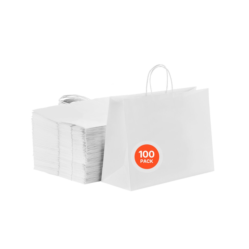VEVOR Kraft Paper Bags with Handles, 100Pcs 16 x 6 x 12 in, Large Paper Grocery Bags, Reusable & Recycled Take-Out Sacks, Plain Party Bag Bulk for Birthday, Wedding, Business, Goody, White