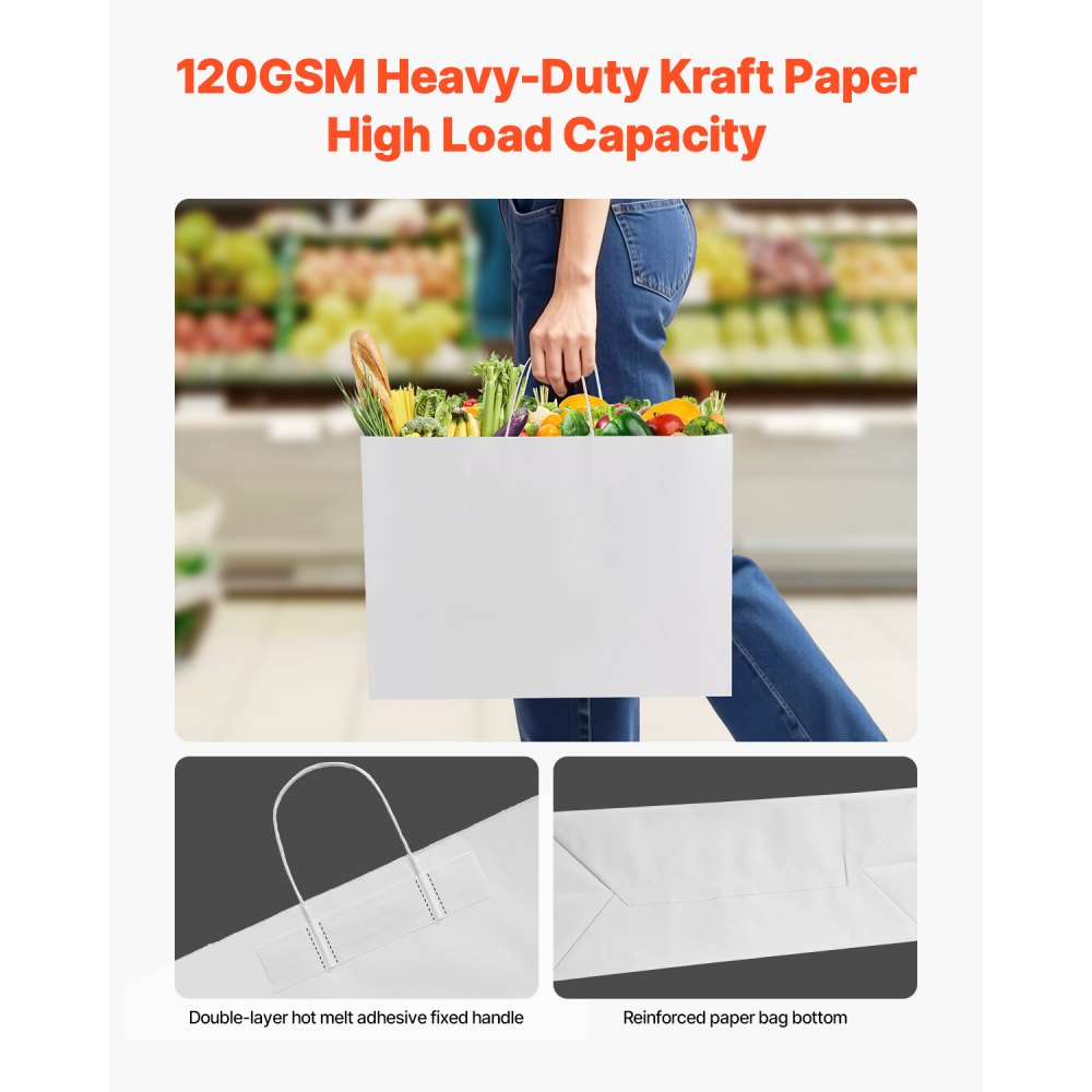 VEVOR Papieren Draagtassen, 100 Stuks, Kraft Papieren Tassen met Handvatten, 406x152x308 mm, Grote Herbruikbare Cadeautassen, Boodschappentassen, voor Verjaardagen, Bruiloften, Winkelen, Cadeaus, Wit