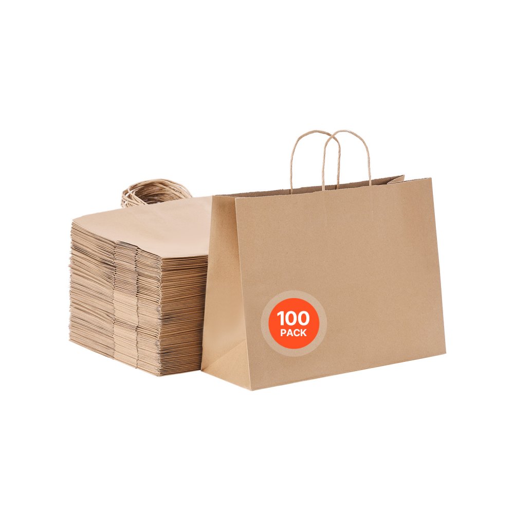 VEVOR Kraft Paper Bags with Handles, 100Pcs 16 x 6 x 12 in, Large Paper Grocery Bags, Reusable & Recycled Take-Out Sacks, Plain Party Bag Bulk for Birthday, Wedding, Business, Goody, Brown