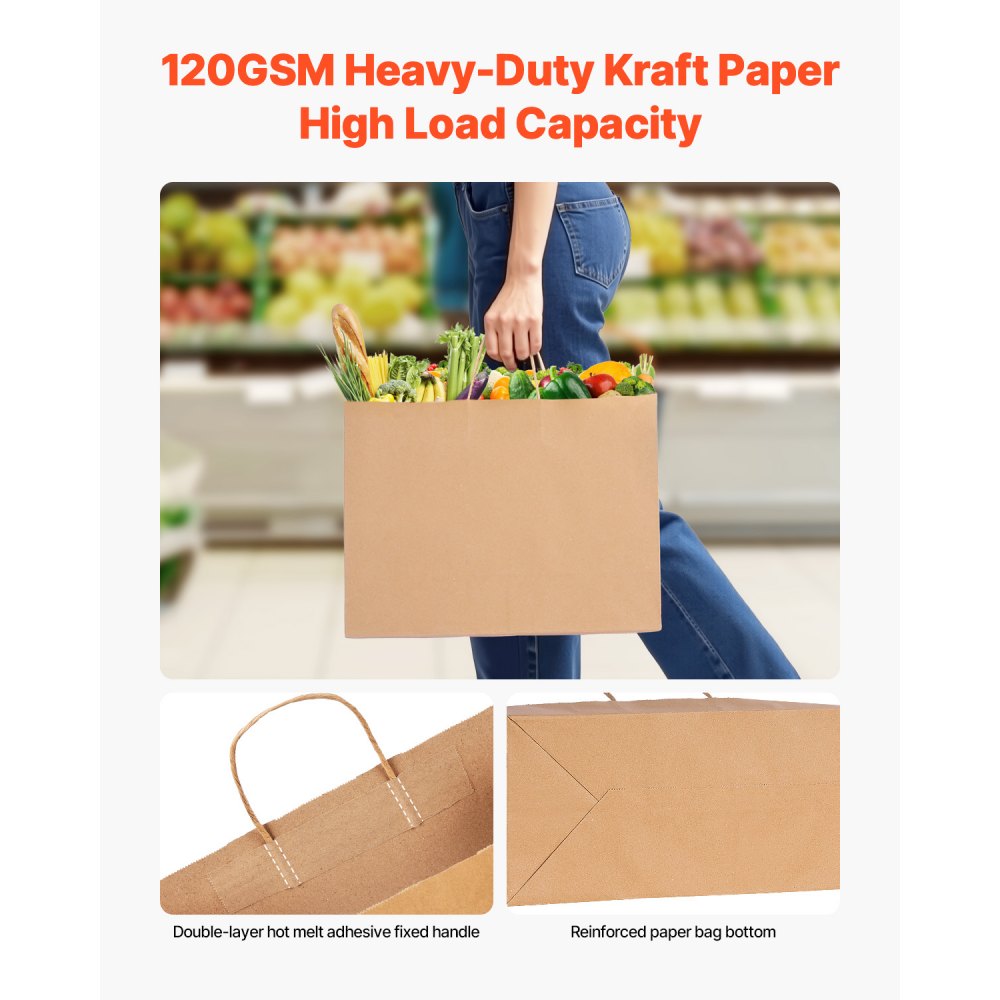 VEVOR Kraft papieren tassen, 100 stuks, cadeautassen met handvatten, 406x152x308 mm, grote herbruikbare papieren draagtassen, boodschappentassen, voor verjaardagen, bruiloften, winkelen, cadeaus, bruin