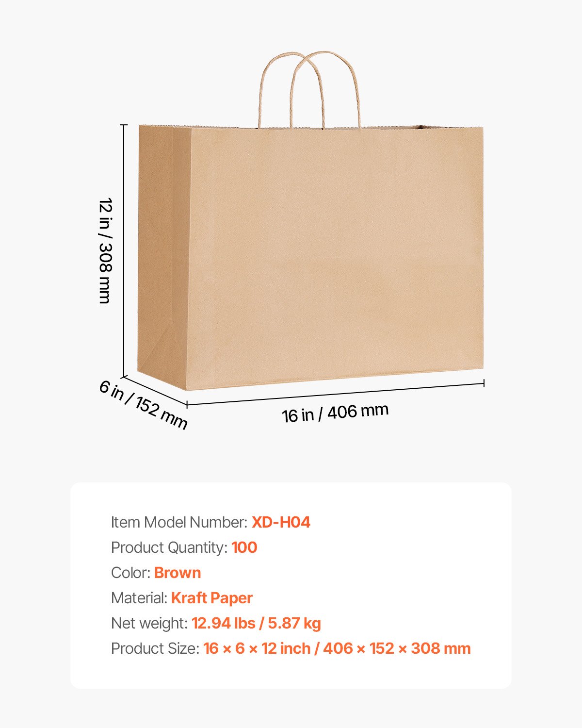 VEVOR Kraft papieren tassen, 100 stuks, cadeautassen met handvatten, 406x152x308 mm, grote herbruikbare papieren draagtassen, boodschappentassen, voor verjaardagen, bruiloften, winkelen, cadeaus, bruin